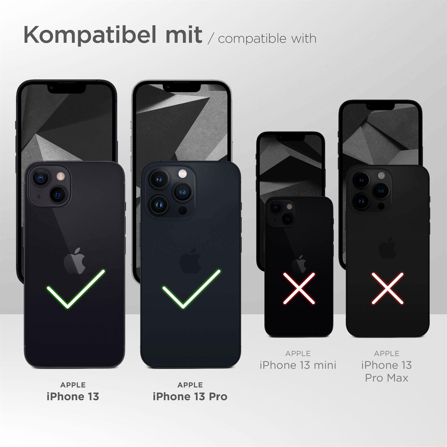 Schwarze Telefone mit grünen Häkchen für iPhone 13 und 13 Pro, rote X für Mini und Pro Max. Der Hintergrund ist schwarz.