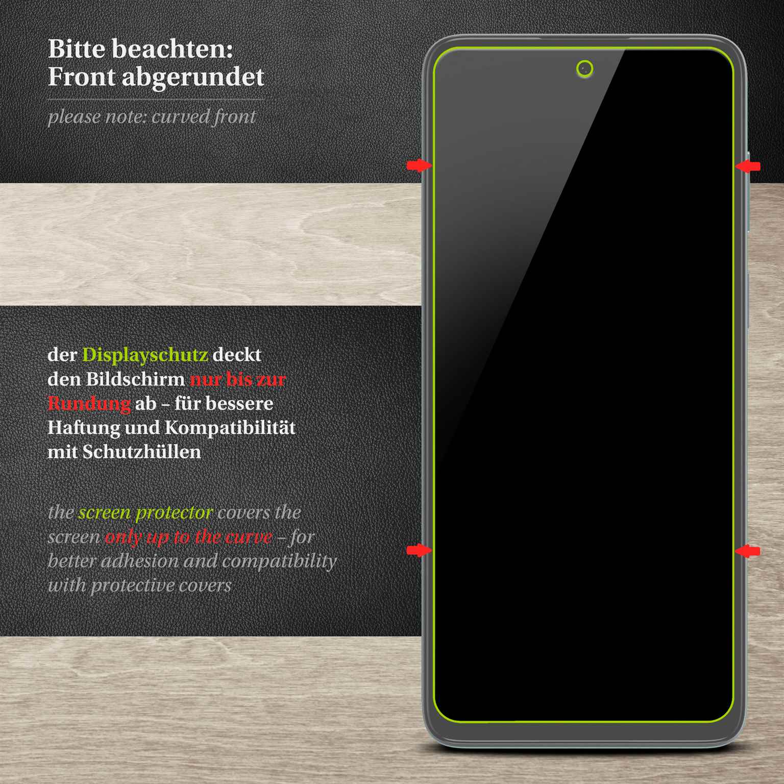 Ein Displayschutz auf einem Telefon, mit Text drumherum.