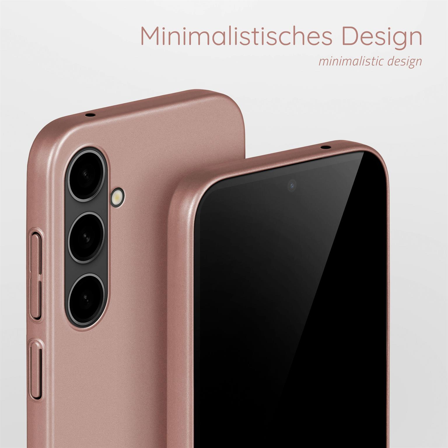 Zwei roségoldene Handyhüllen, eine zeigt die Rückseite, die andere die Vorderseite, vor weißem Hintergrund.