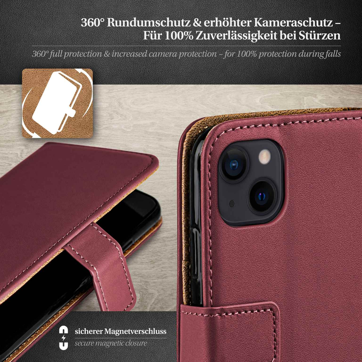 Burgunderfarbene Handyhülle mit Telefon darin, geöffnet. Zeigt Kameraschutz.