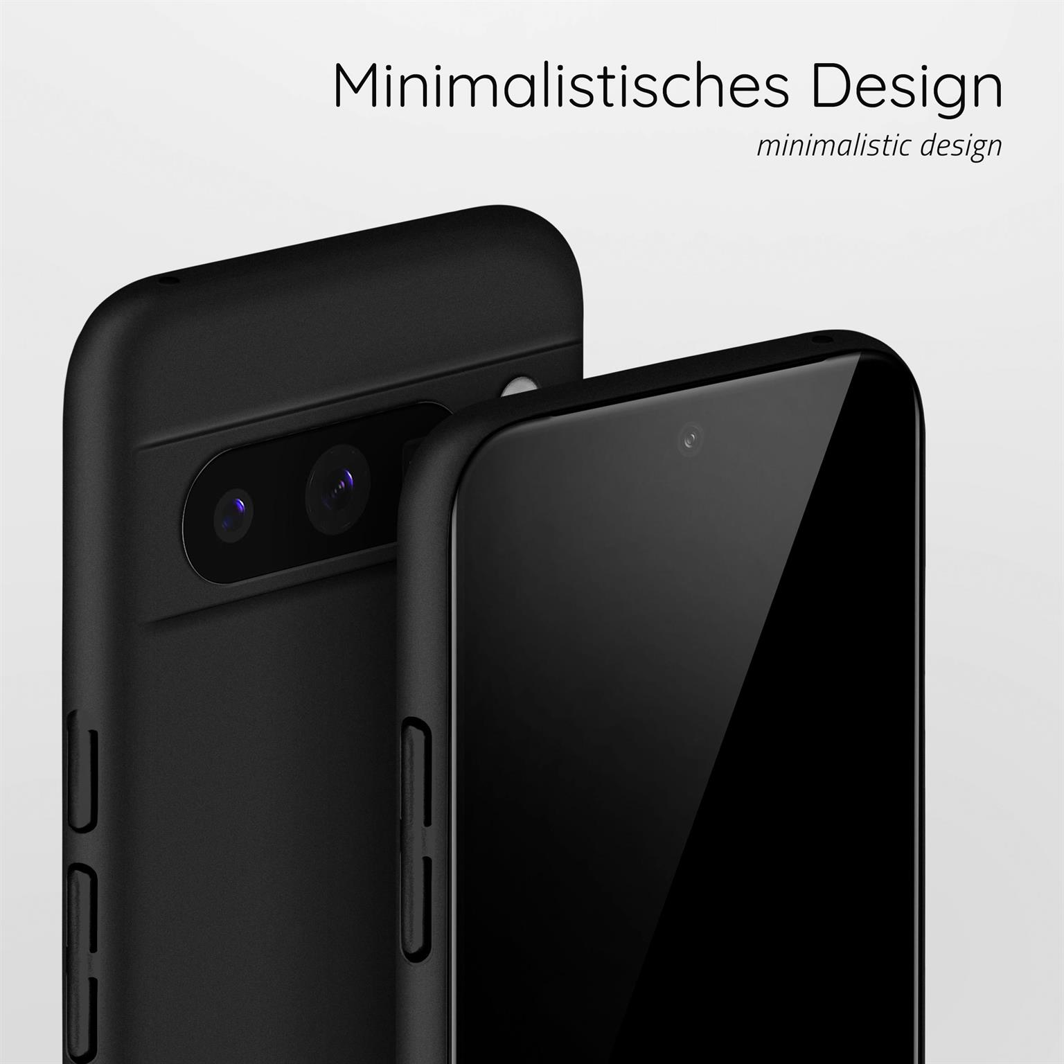 Schwarze Handyhülle mit minimalistischem Design. Zwei Telefone werden gezeigt.