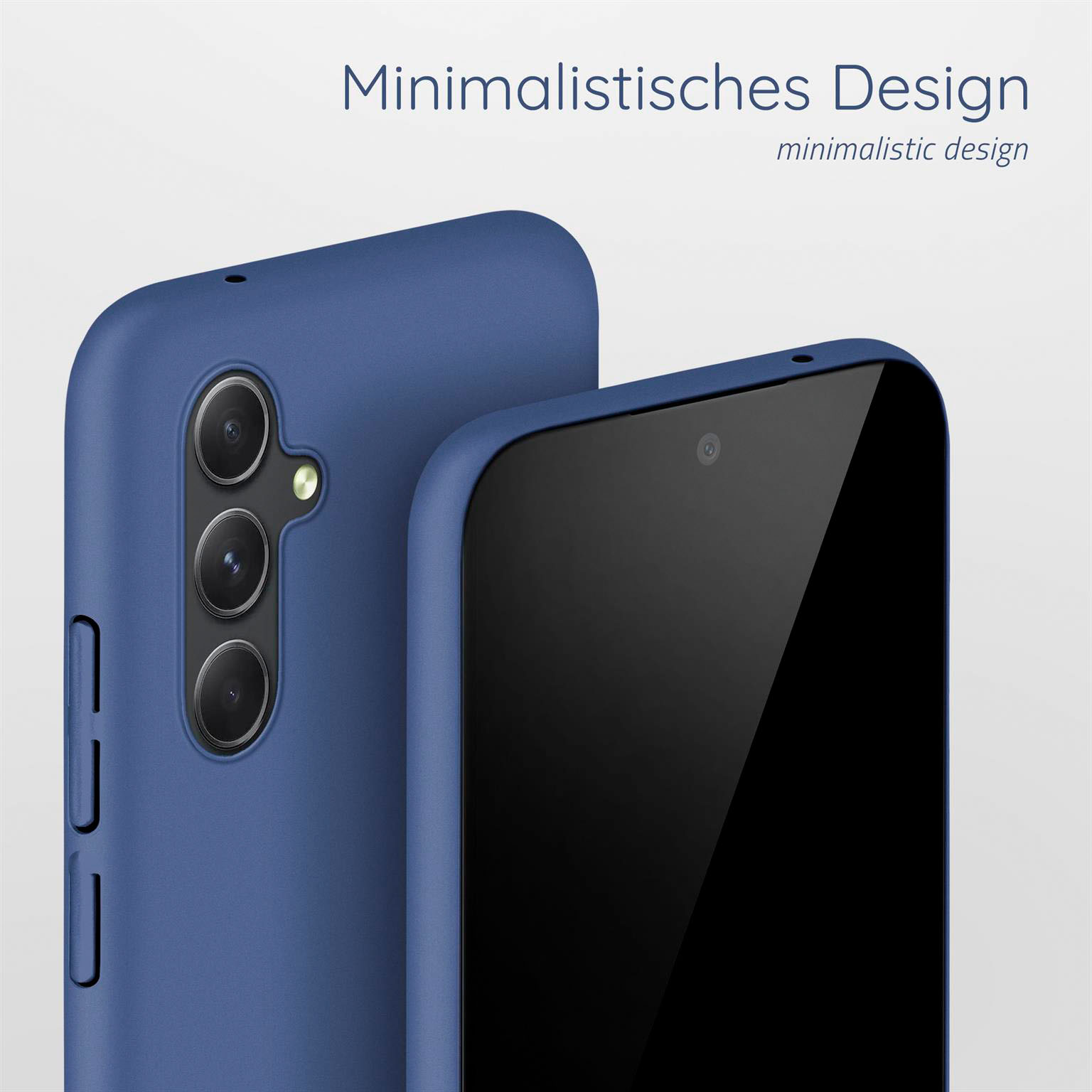 Blaue Handyhülle und ein Smartphone. Die Hülle umgibt das Telefon. Weißer Hintergrund.