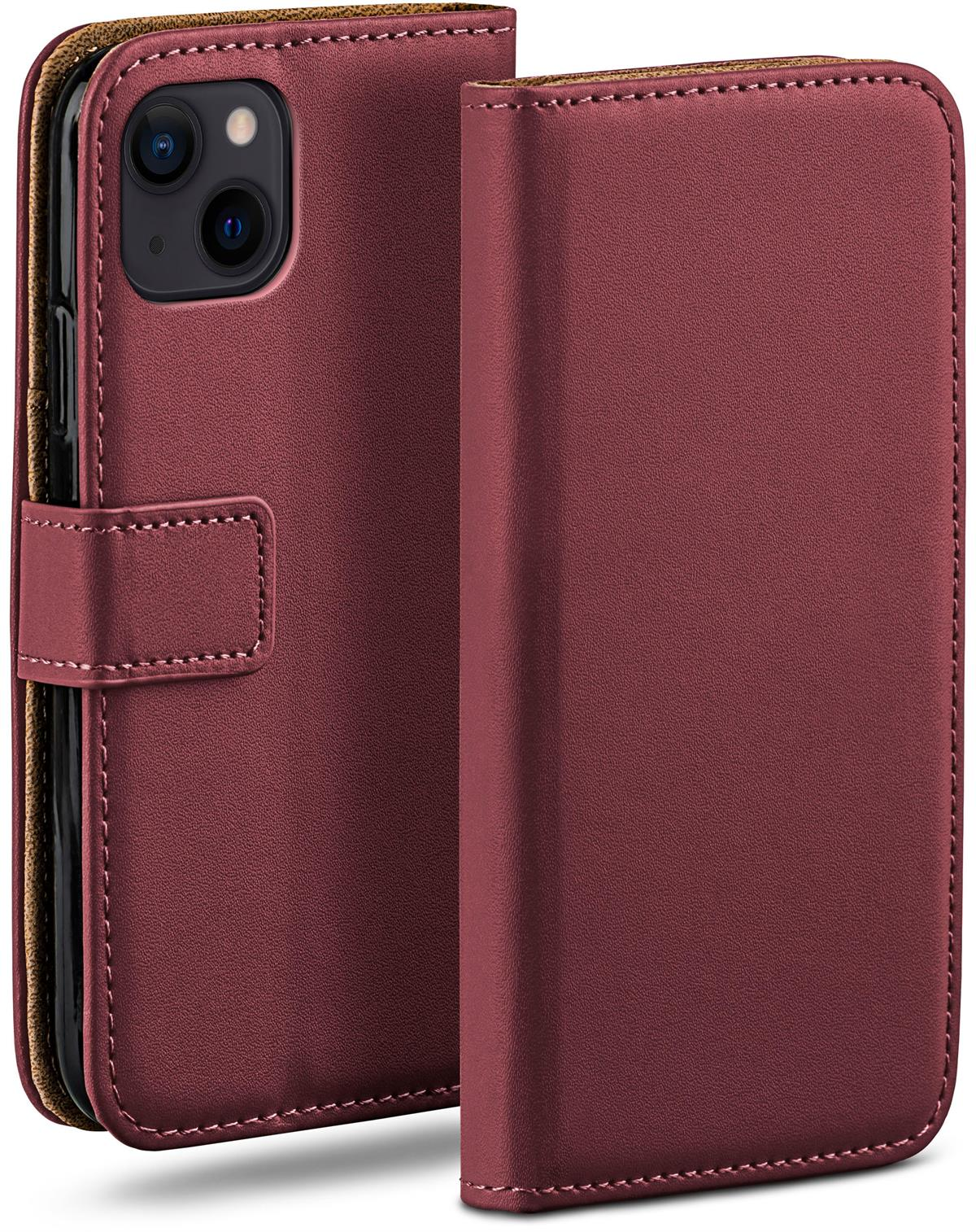 Bordeauxfarbene Leder-Handyhülle mit Nähten, geöffnet, um das Telefon zu zeigen. Ein Tab mit Schnappverschluss.