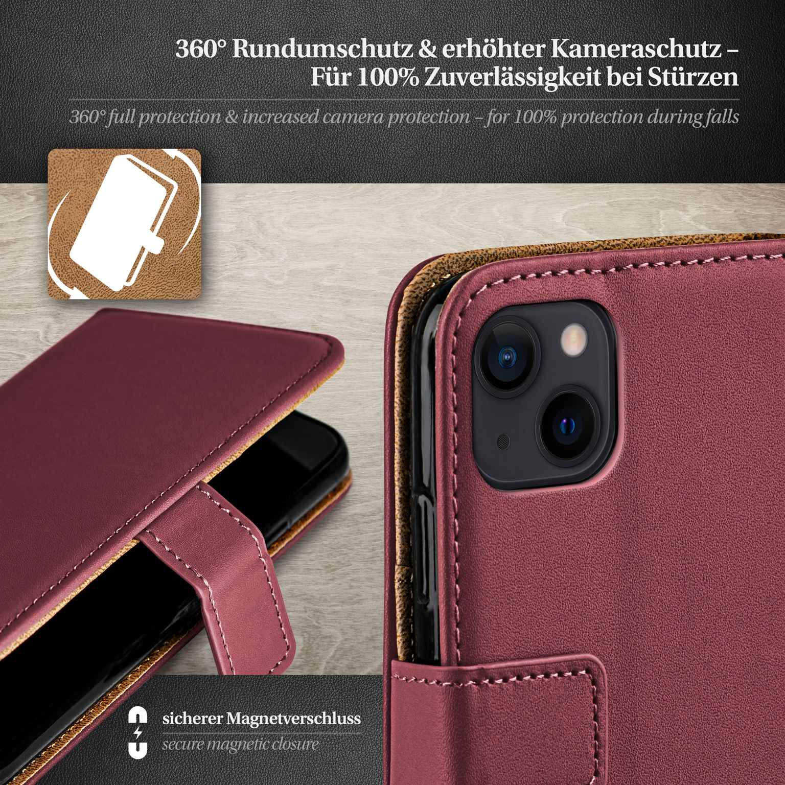 Bordeauxfarbene Handyhülle mit Telefon. Die Hülle hat einen Magnetverschluss.