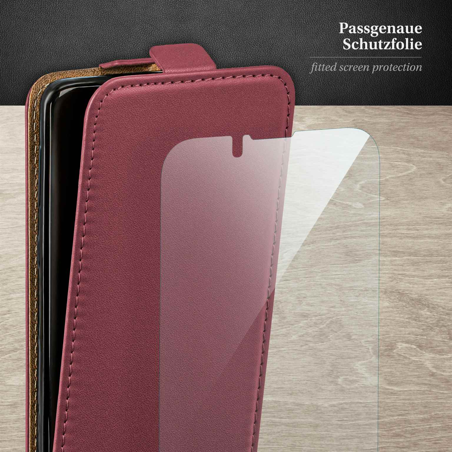 Rote Handyhülle mit Displayschutz. Text: Passgenaue Schutzfolie, fitted screen protection.