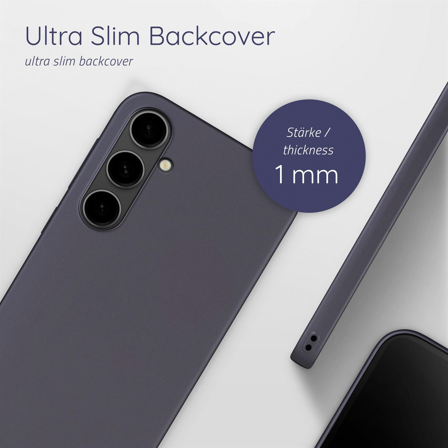 Eine lila Handyhülle mit einer Dicke von 1 mm wird angezeigt. Das Telefon hat drei Rückkameras.