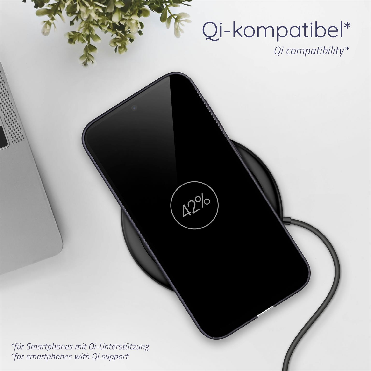 Ein Telefon, das auf einem kabellosen Ladegerät lädt, zeigt 42 % Ladung, neben einer Pflanze.