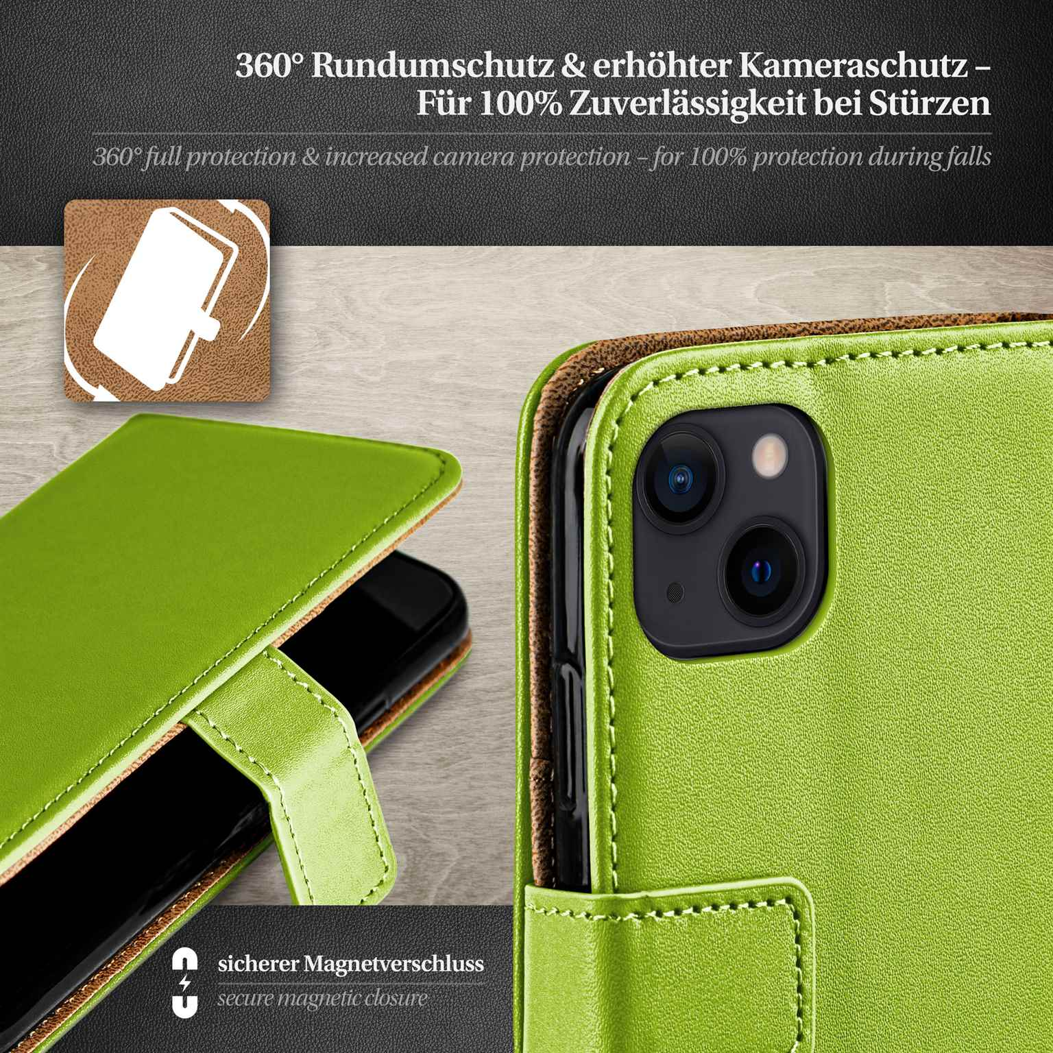 Grüne Handyhülle mit Magnetverschluss. Das Telefon befindet sich in der Hülle.