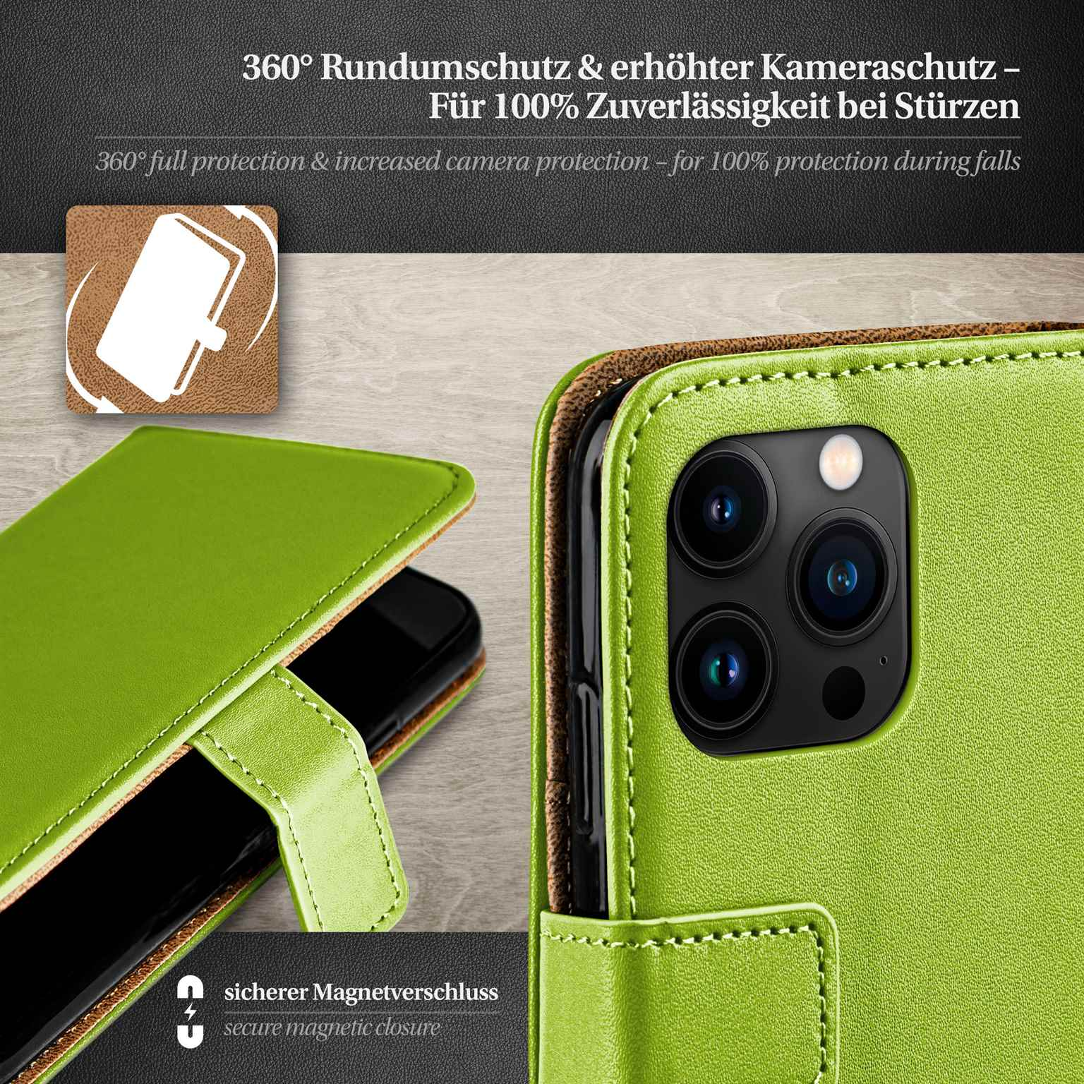 Eine grüne Handyhülle mit Telefon, zeigt die Rückseite und einen Magnetverschluss.
