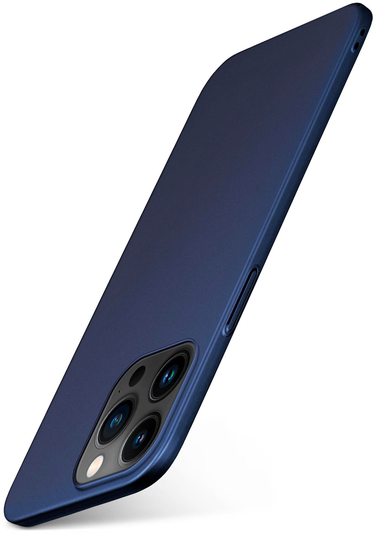 Eine dunkelblaue Handyhülle. Schräge Ansicht, weißer Hintergrund.