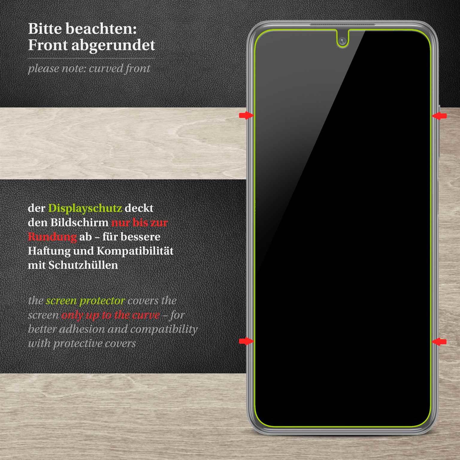 Handy-Displayschutz, schwarzer Bildschirm mit grünem Rand. Text auf Deutsch.