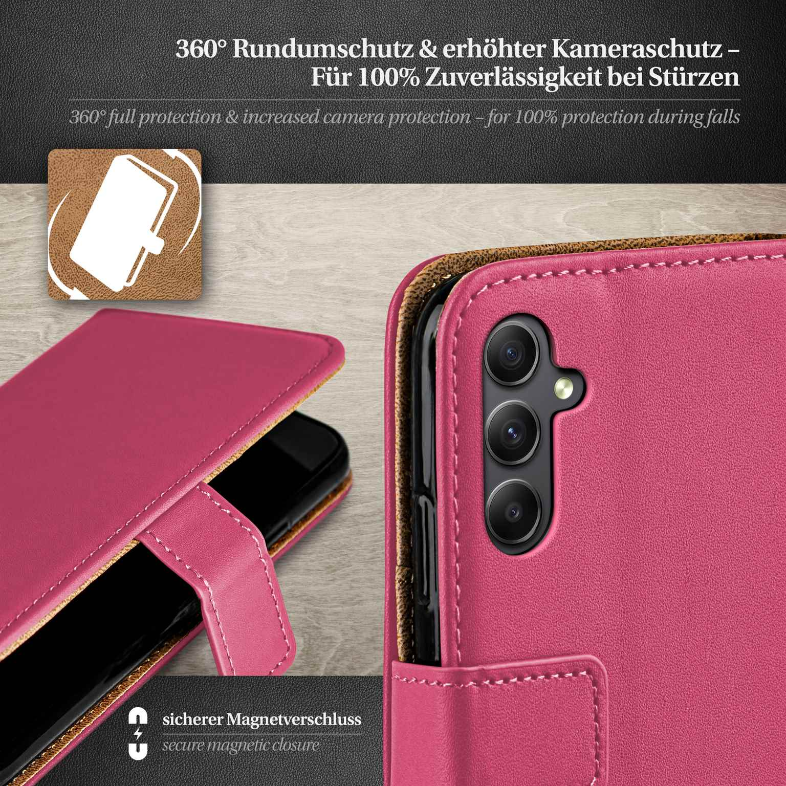 Eine pinkfarbene Handyhülle mit Telefon. Die Hülle bietet 360° Schutz. Sie hat einen Magnetverschluss.