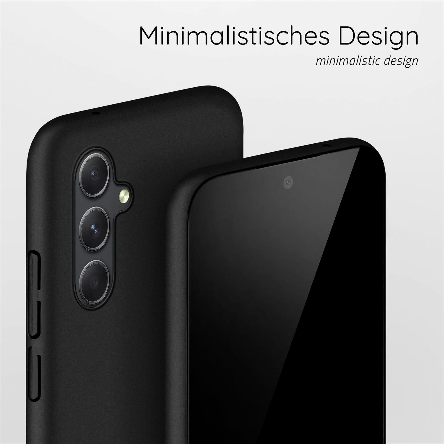 Zwei schwarze Telefone, eines in einer Hülle. Minimalistisches Design. Schwarze Farbe, glatte Textur.