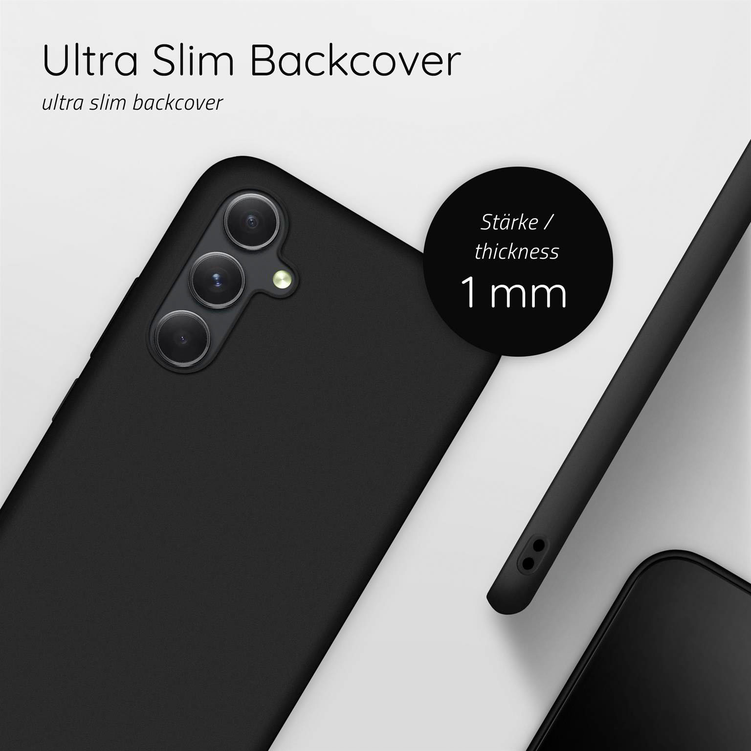 Schwarze Handyhülle mit schwarzem Telefon. Text: Ultra Slim Backcover, 1 mm Dicke.