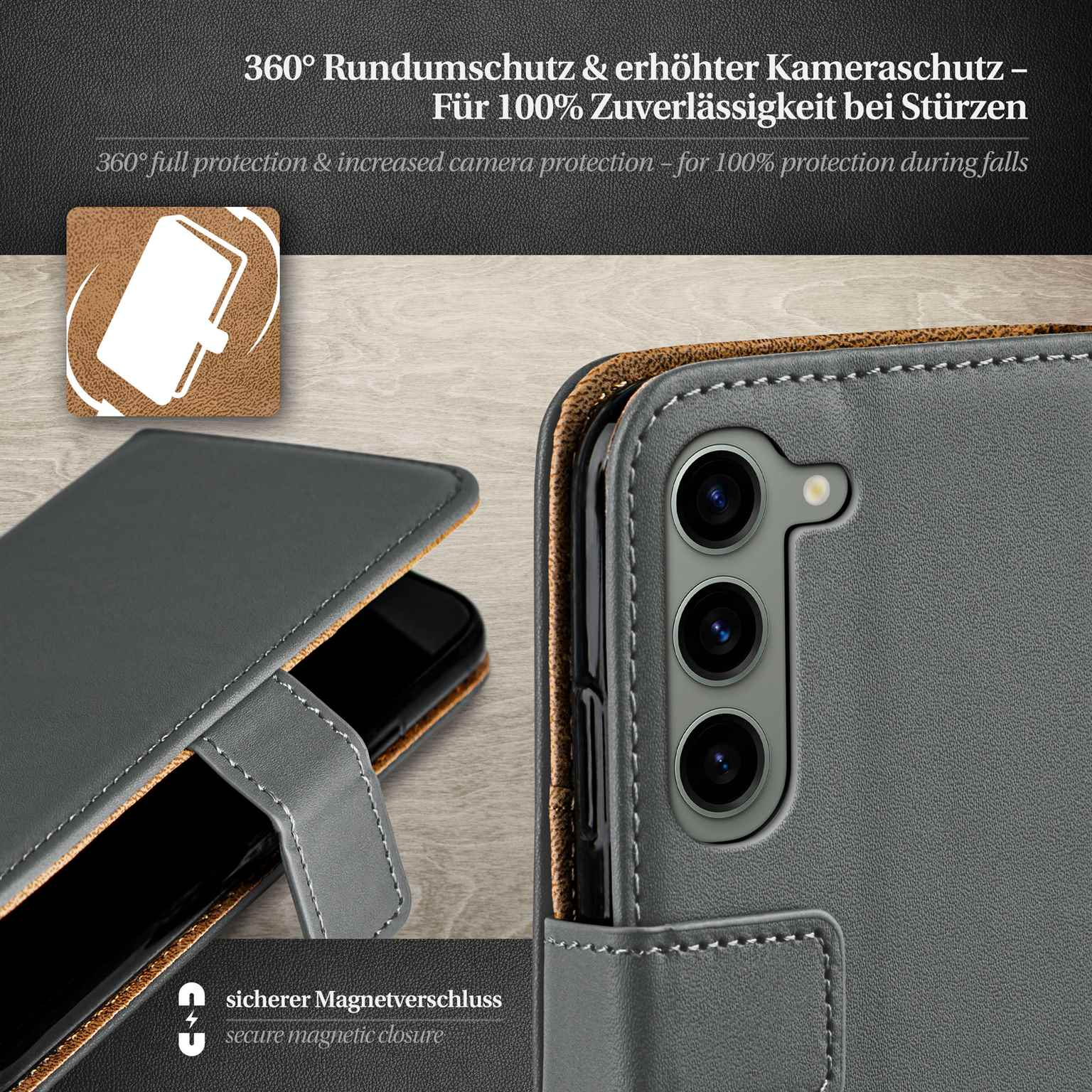Graue Handyhülle mit Telefon darin, geöffnet, mit Magnetverschluss-Detail.