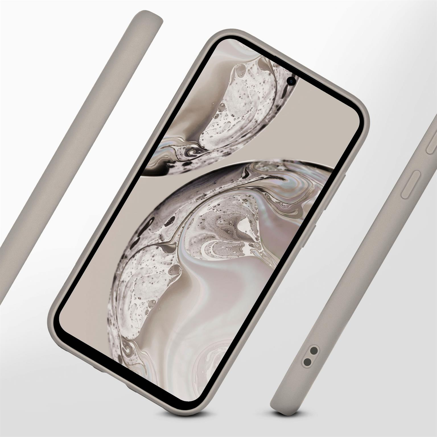 Telefon in grauem Case, zeigt Bildschirm mit hellem Hintergrund.