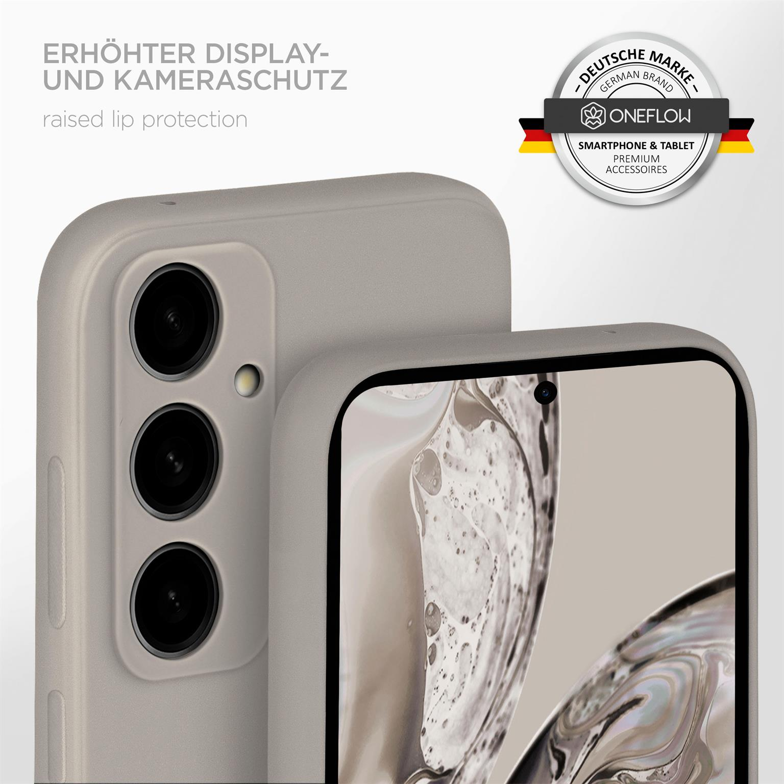 Graue Handyhülle mit mehreren Kameras, Telefonbildschirm sichtbar.