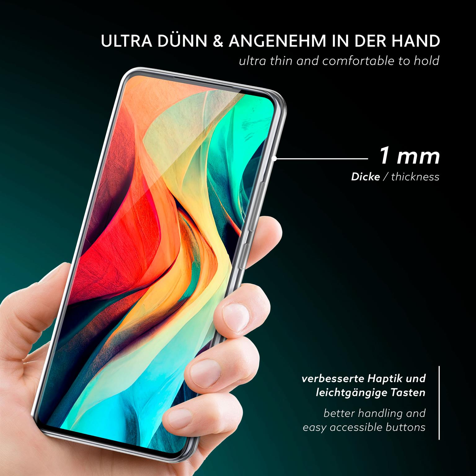 Hand hält dünne, transparente Handyhülle. Text zeigt 1 mm Dicke.