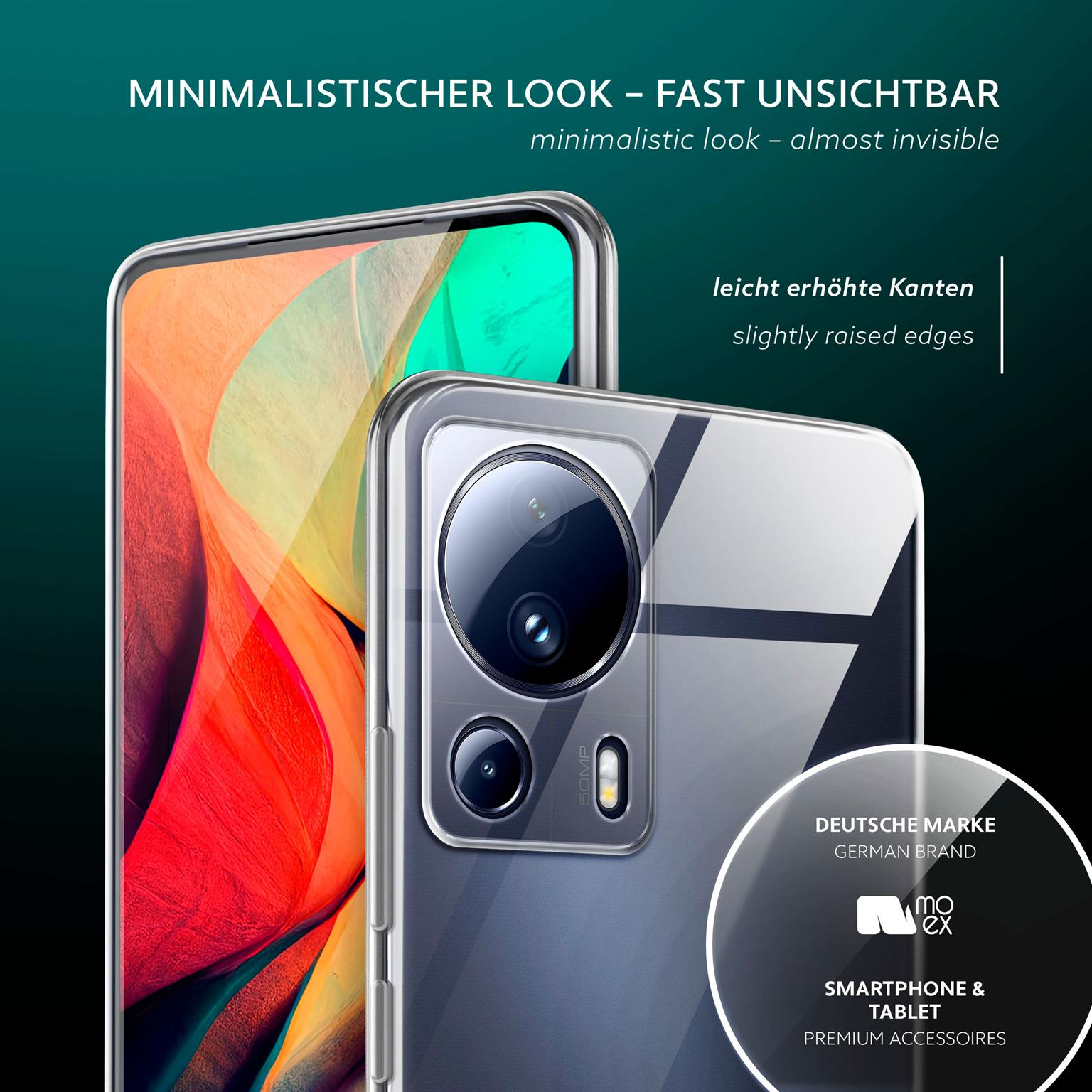 Ein Smartphone in einer transparenten Hülle. Die Rückseite hat ein Muster und eine Kamera. Die Ränder sind leicht erhöht.