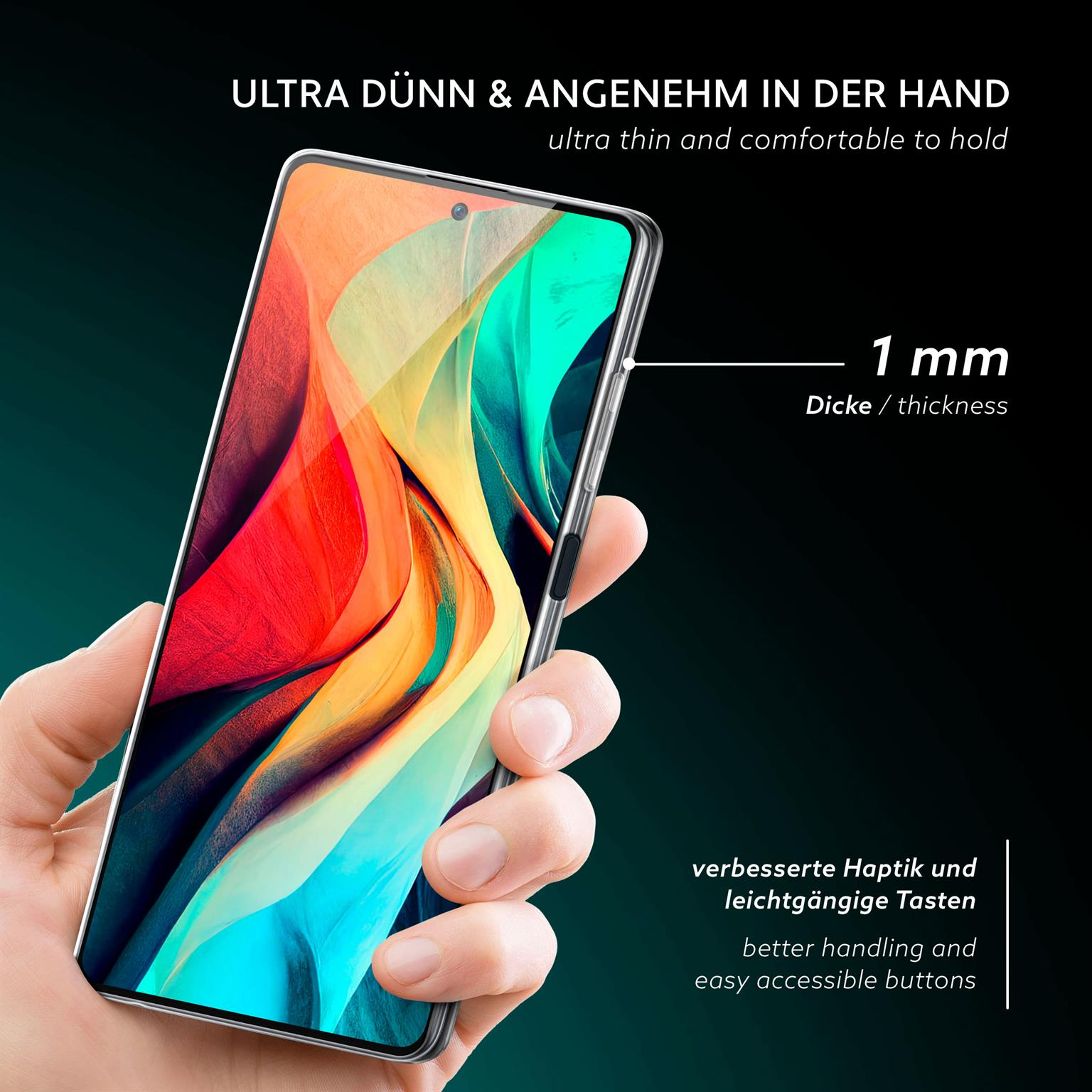 Hand hält Telefon in klarer Hülle. Text: Ultradünn und angenehm. Die Dicke beträgt 1 mm.
