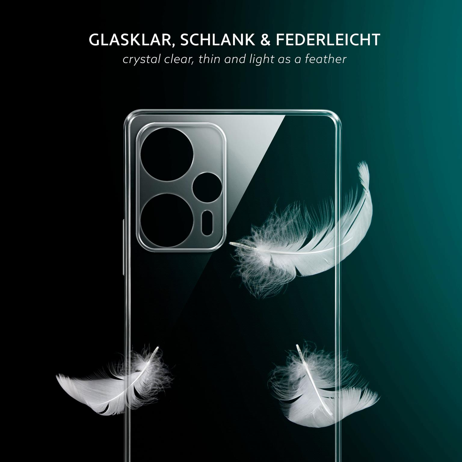 Transparente Handyhülle mit Federn. Text sagt kristallklar, dünn und federleicht.