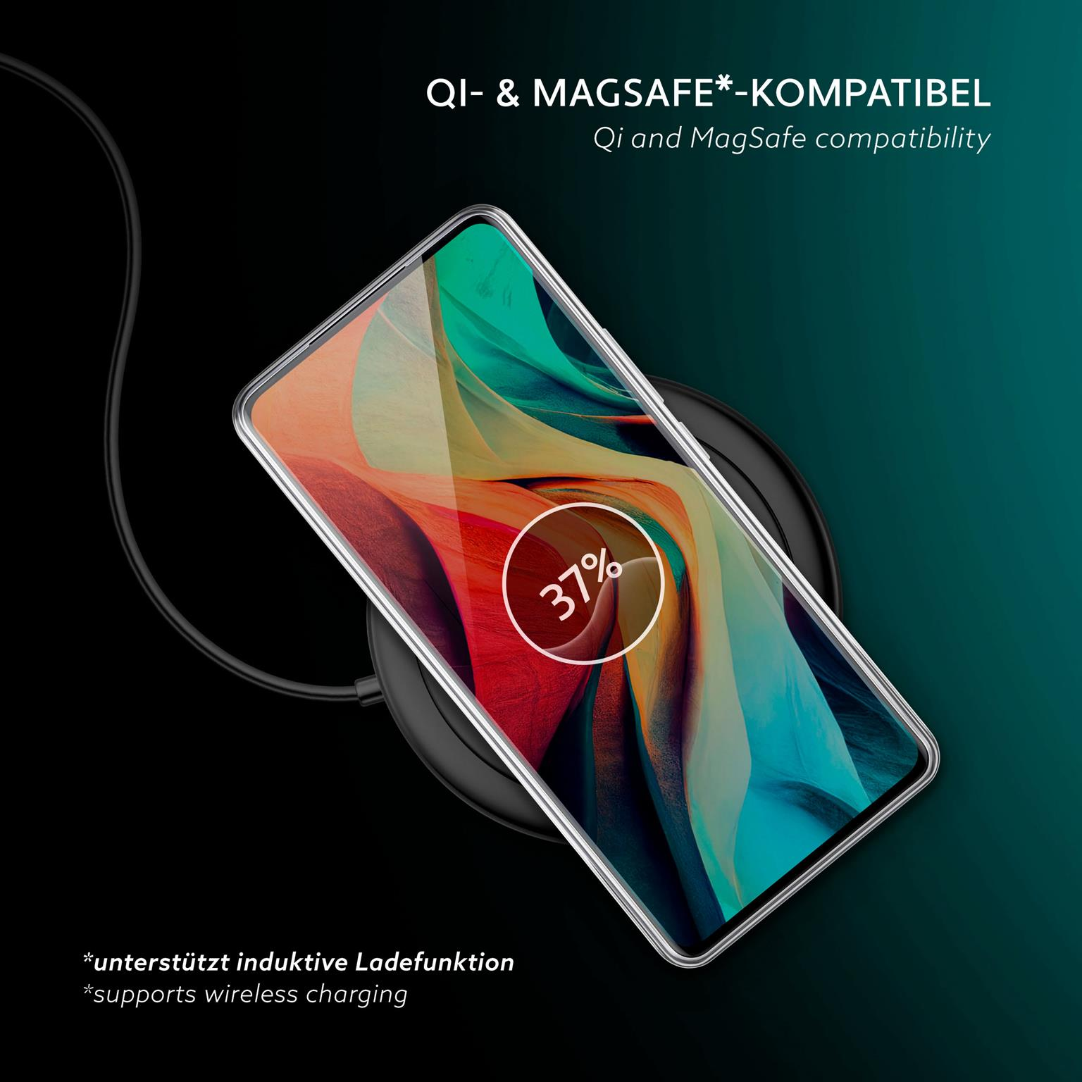 Ein Telefon lädt drahtlos und zeigt 37% Akku. Transparente Hülle auf schwarzem Untergrund.