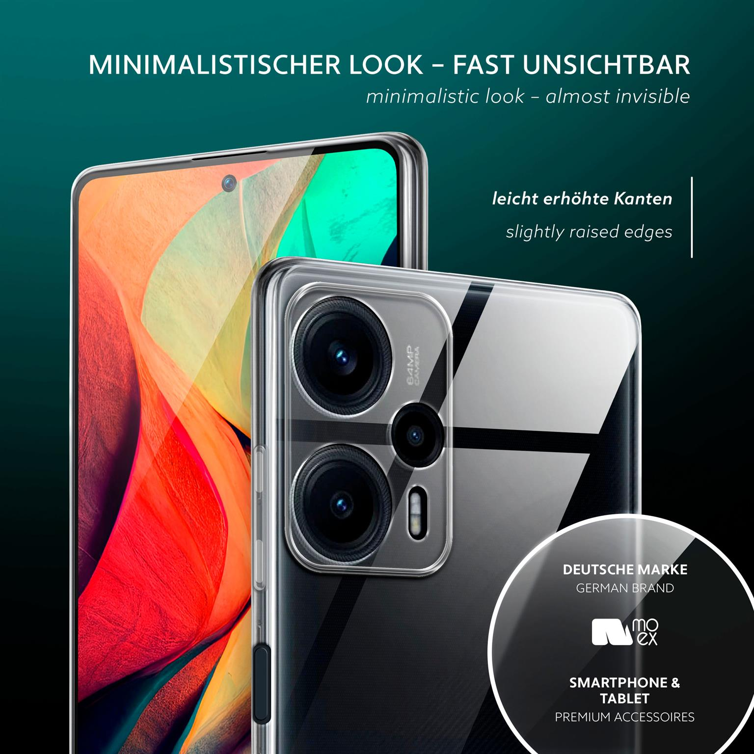 Nahaufnahme eines Smartphones mit transparenter Hülle, Text lautet 'German Brand' und 'Smartphone & Tablet'.