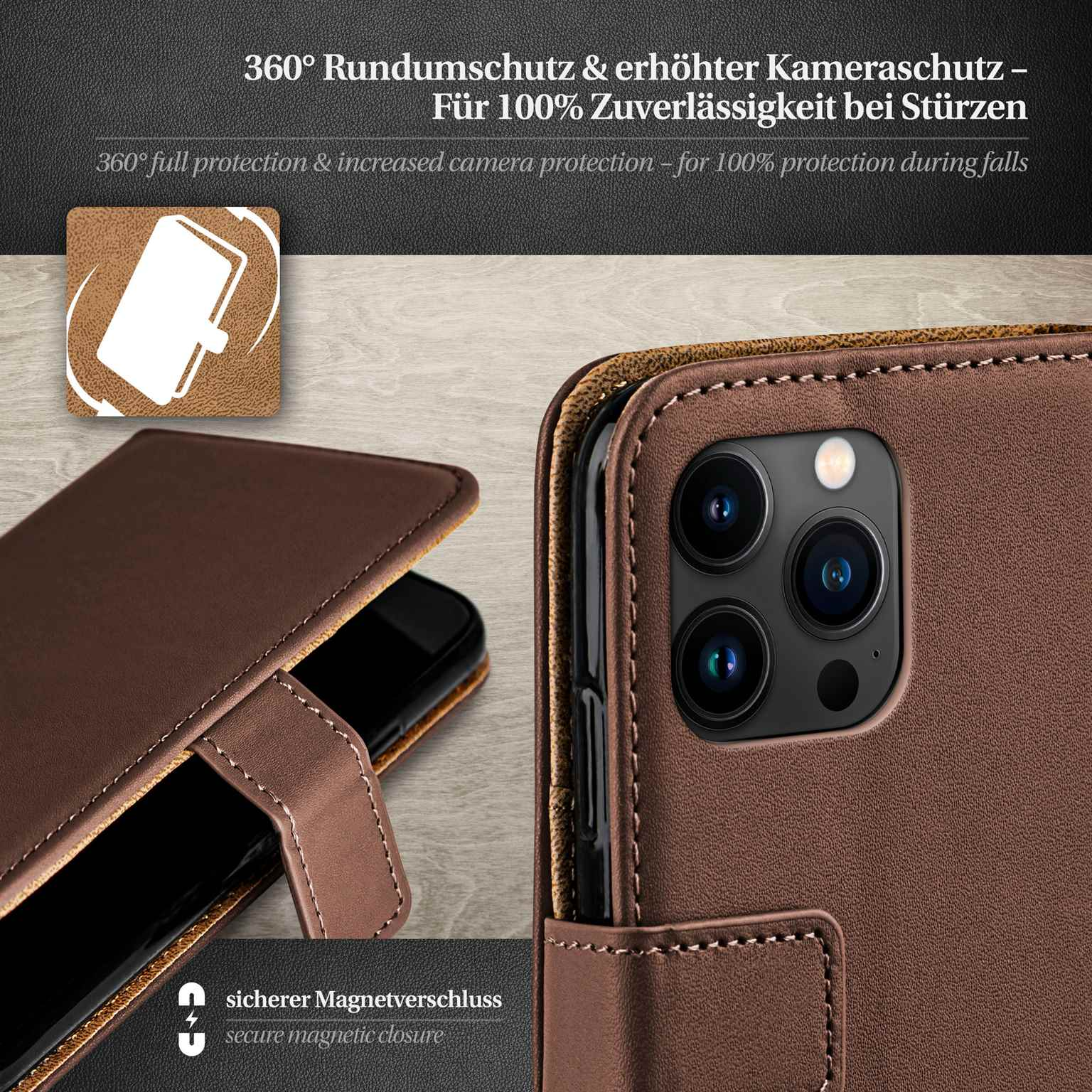 Braune Leder-Handyhülle, offen. Telefon innen. Text über Schutz.