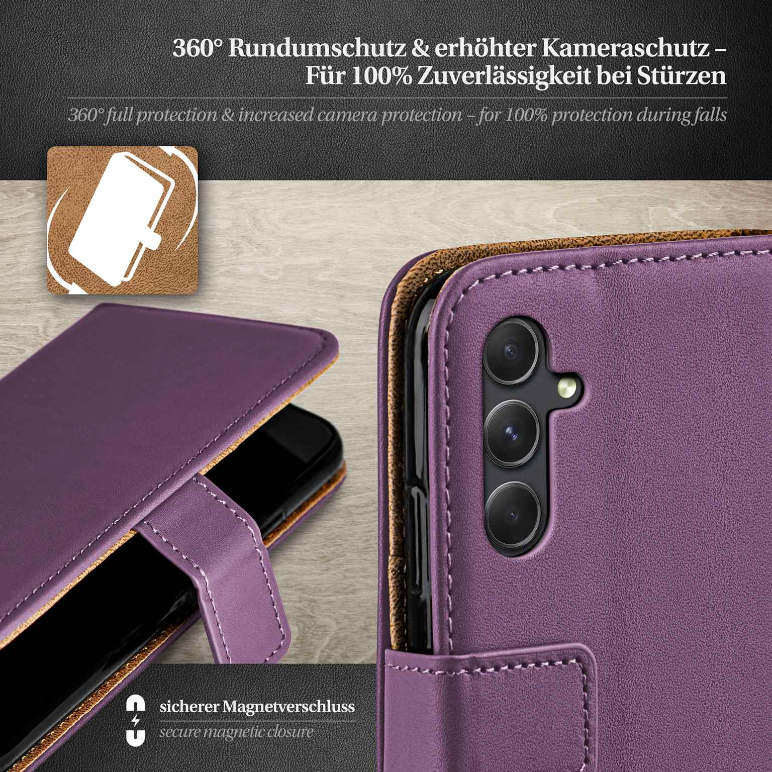 Eine lila Handyhülle mit einem Telefon darin, mit Magnetverschluss und Kameraschutz.