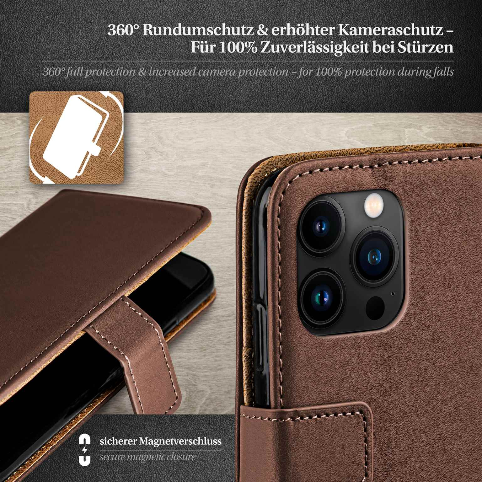 Braune Leder-Handyhülle, offen, zeigt Telefon und Karten. Text: 360° Schutz und sicherer Verschluss.