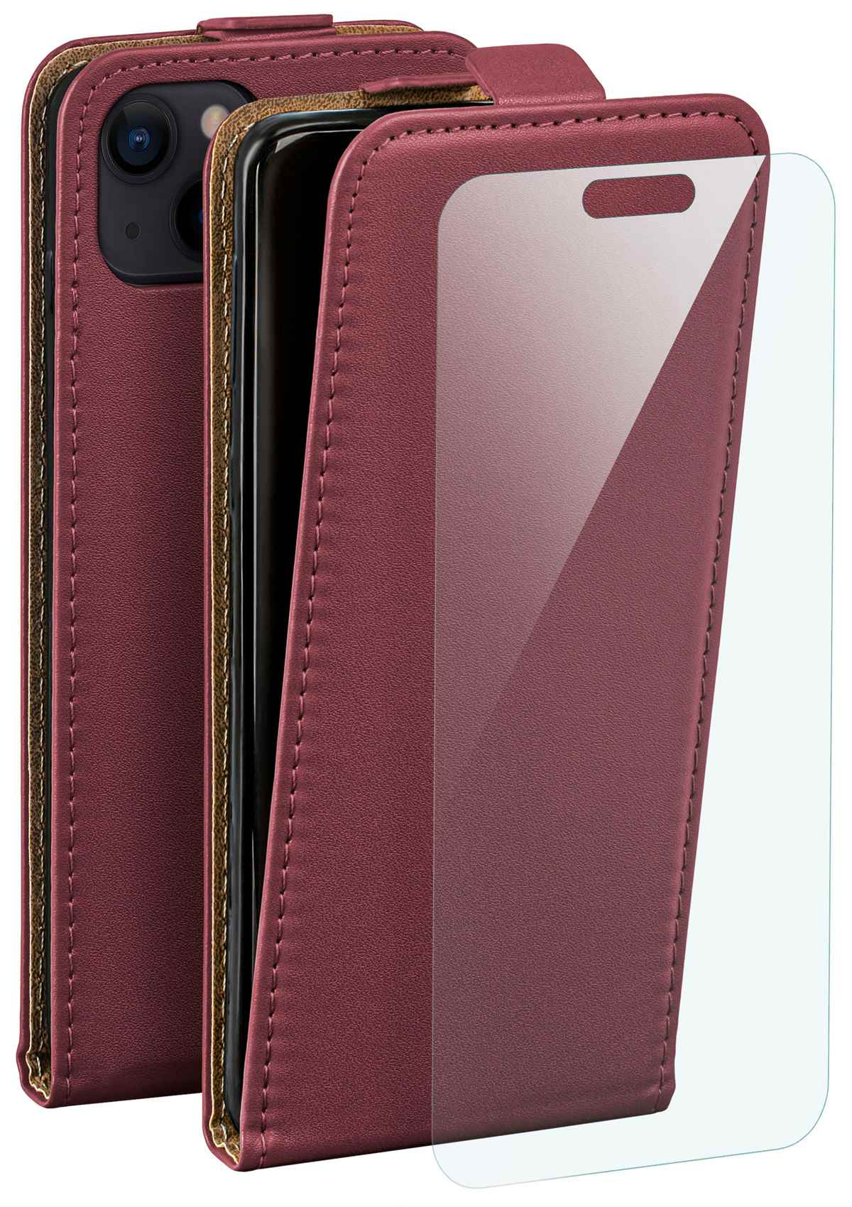 Burgunderfarbenes Handy-Case mit offener Klappe, Handy und Displayschutzfolie auf Weiß.