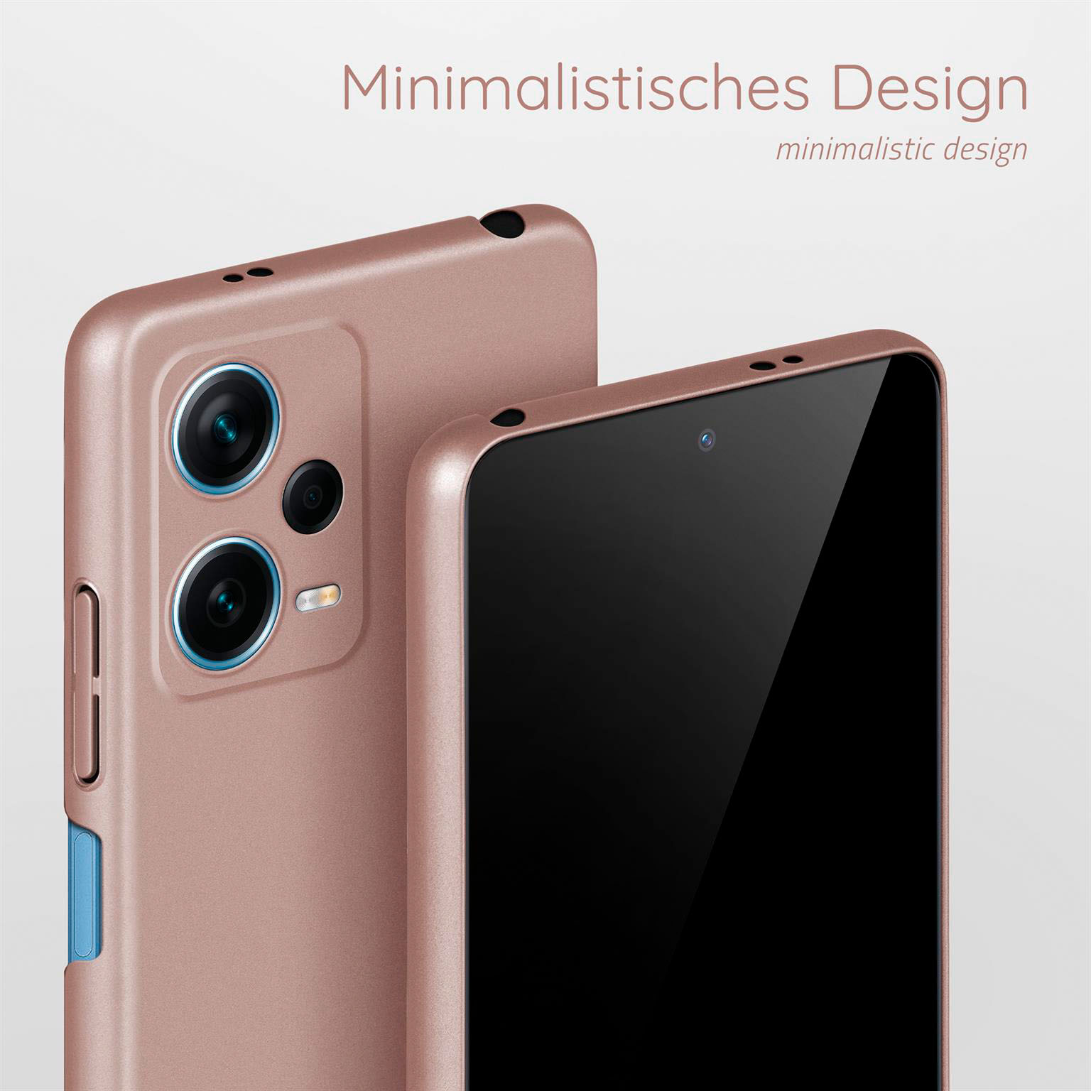Zwei Handyhüllen, eine roségoldene und eine schwarze. Beide auf weißer Oberfläche. Hüllen haben Kameras.