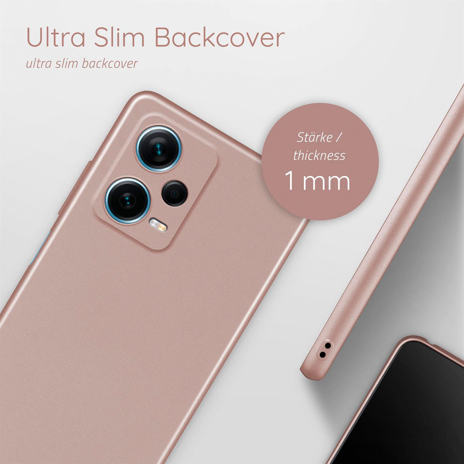 Rosafarbene Handyhülle mit Kameralinsen und Dickenanzeige. Text: Ultra Slim Backcover, 1 mm.
