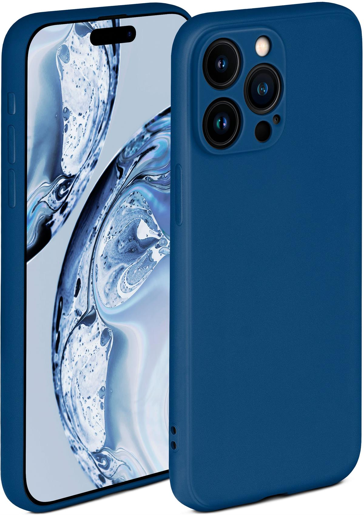 Blaues Telefon und Hülle. Das Telefon hat mehrere Kameras. Der Bildschirm ist links sichtbar.