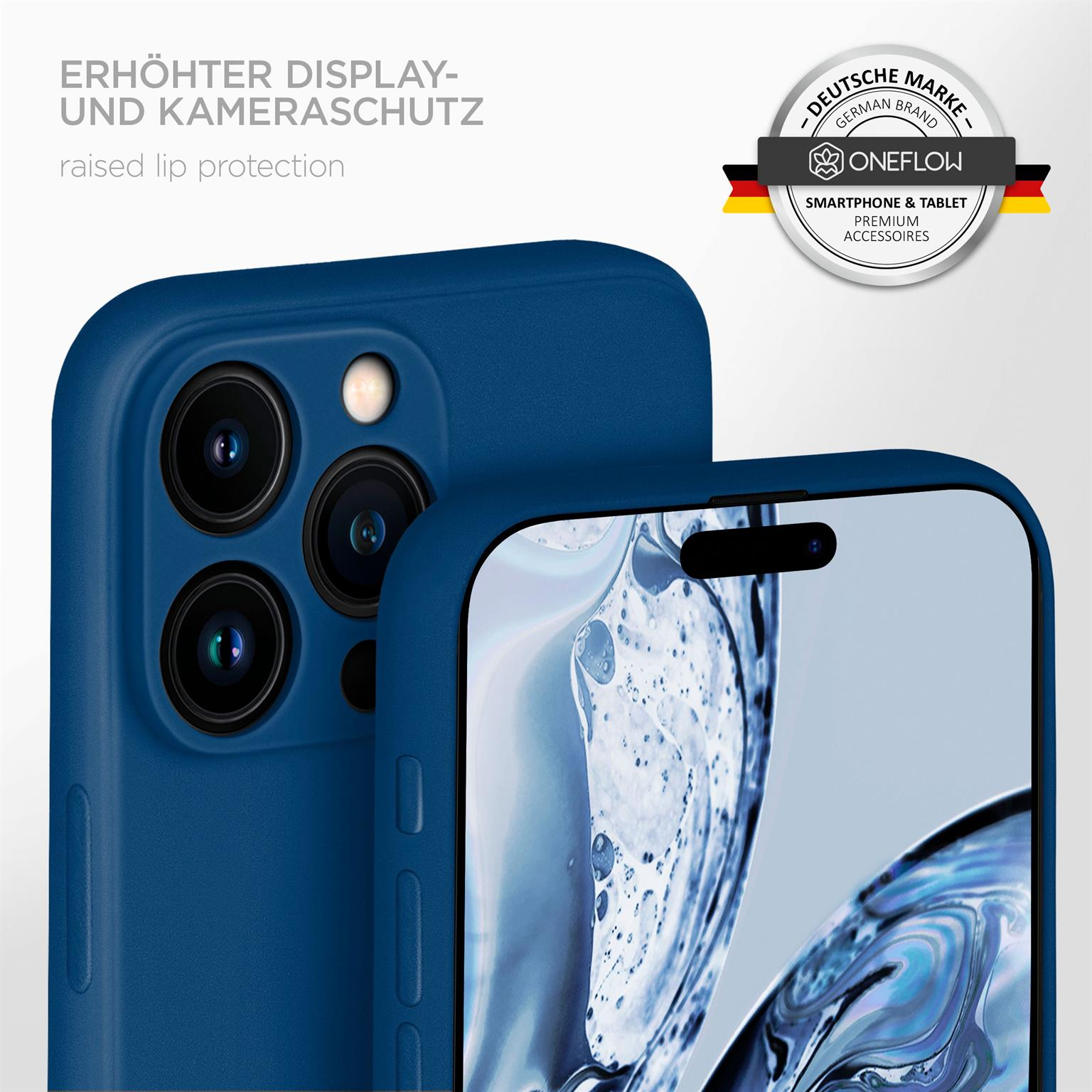 Eine blaue Handyhülle mit erhabenem Rand zum Schutz der Kamera, Nahaufnahme auf einer Oberfläche.