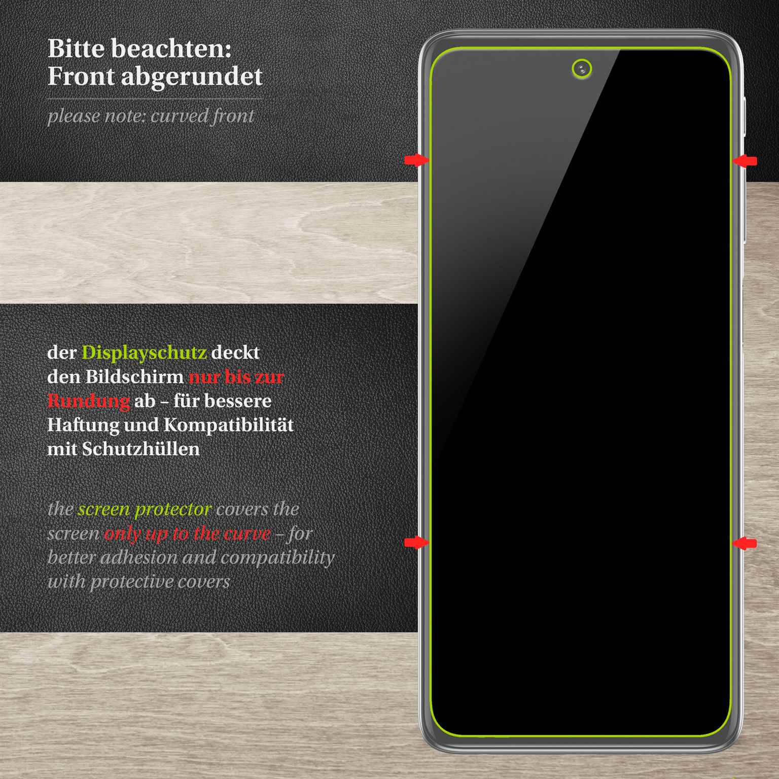 Ein Telefon mit Displayschutzfolie. Der Schutz bedeckt die gewölbte Vorderseite. Rote Markierungen zeigen die Kurve.