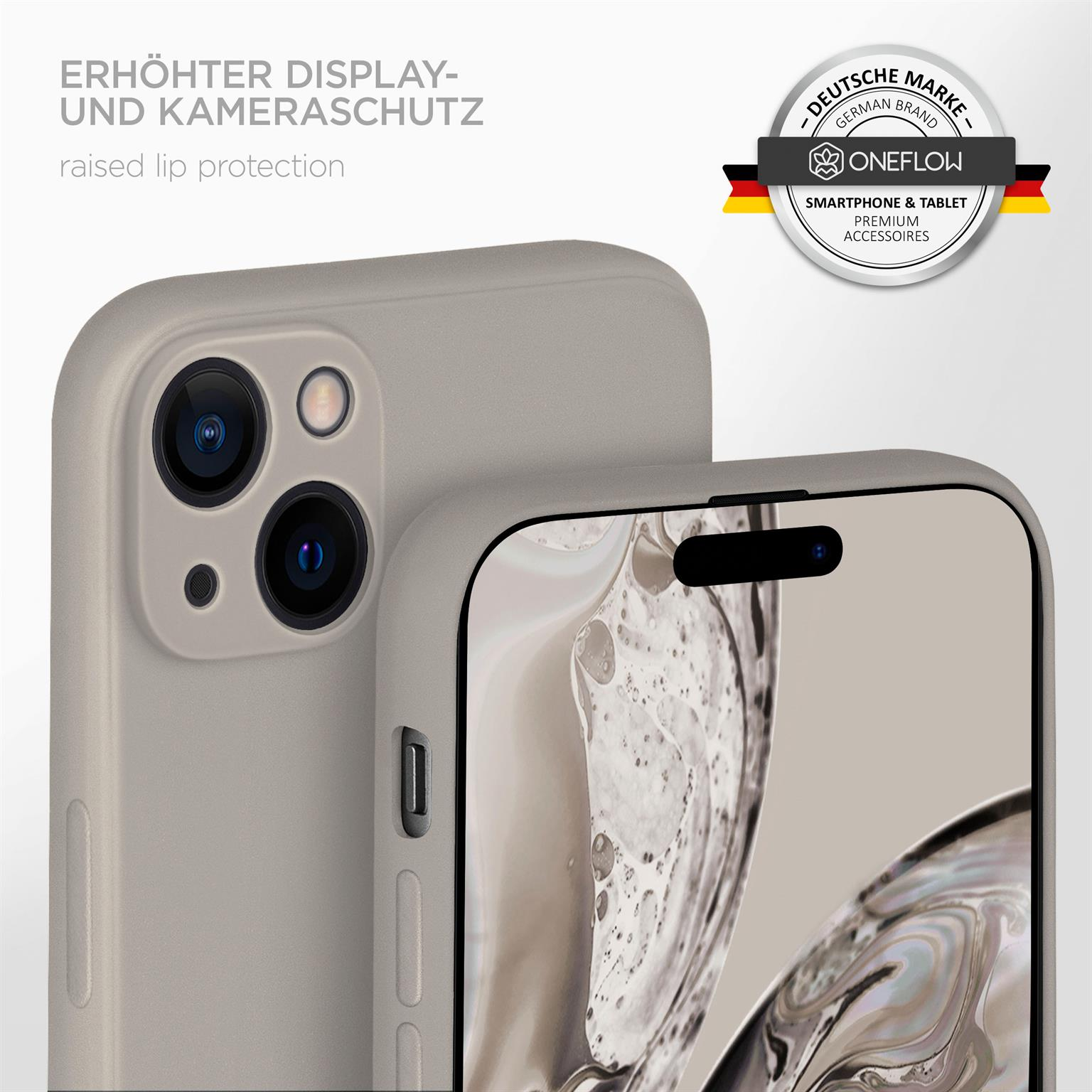 Handyhülle mit erhöhtem Lippenschutz. Text: Erhöhter Lippenschutz. Deutsches Markenlogo.