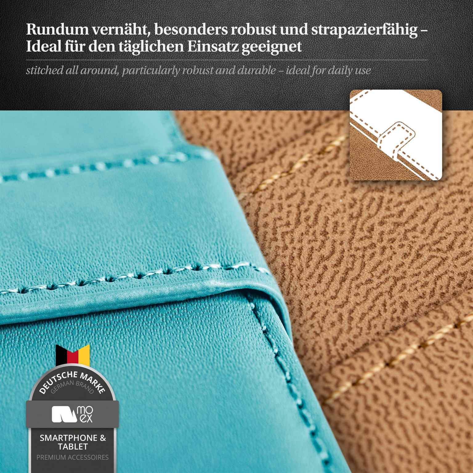 Detail einer blauen Handyhülle. Brauner Hintergrund. Deutsches Markenlogo. Text: Rundum vernäht, robust & strapazierfähig.