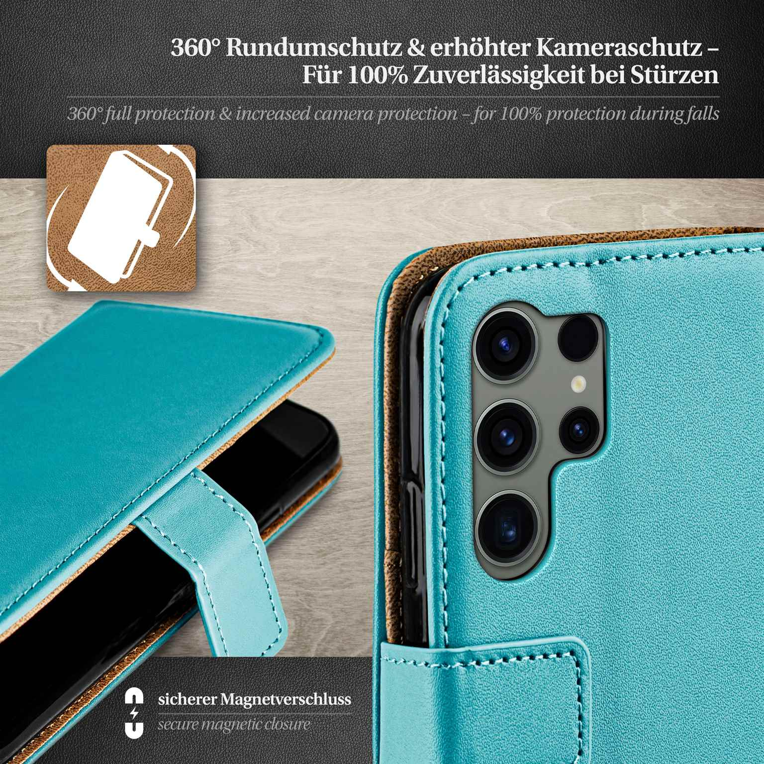 Türkisfarbene Handyhülle mit schwarzem Telefon. Nahaufnahme.