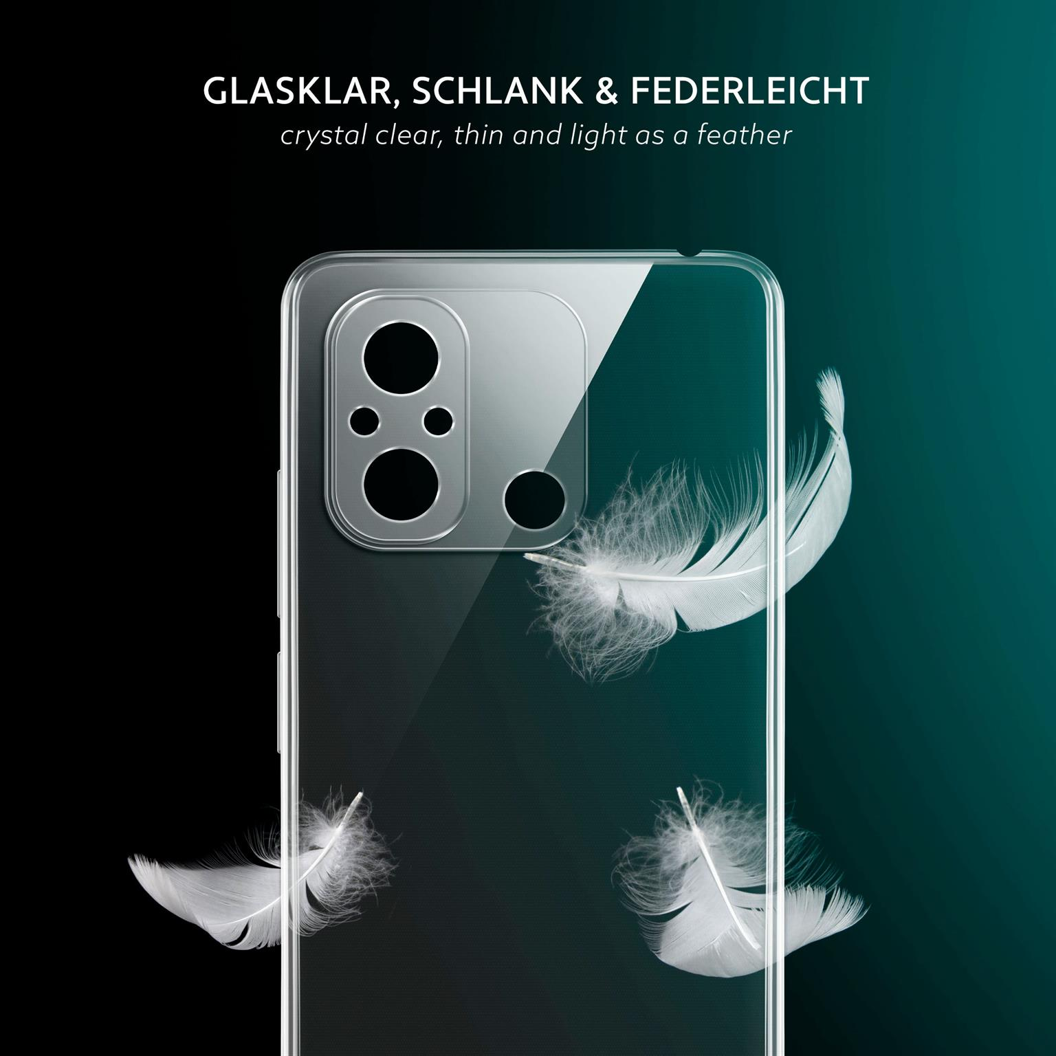 Eine transparente Handyhülle mit drei weißen Federn auf einem Farbverlaufshintergrund. Text: Glasklar...