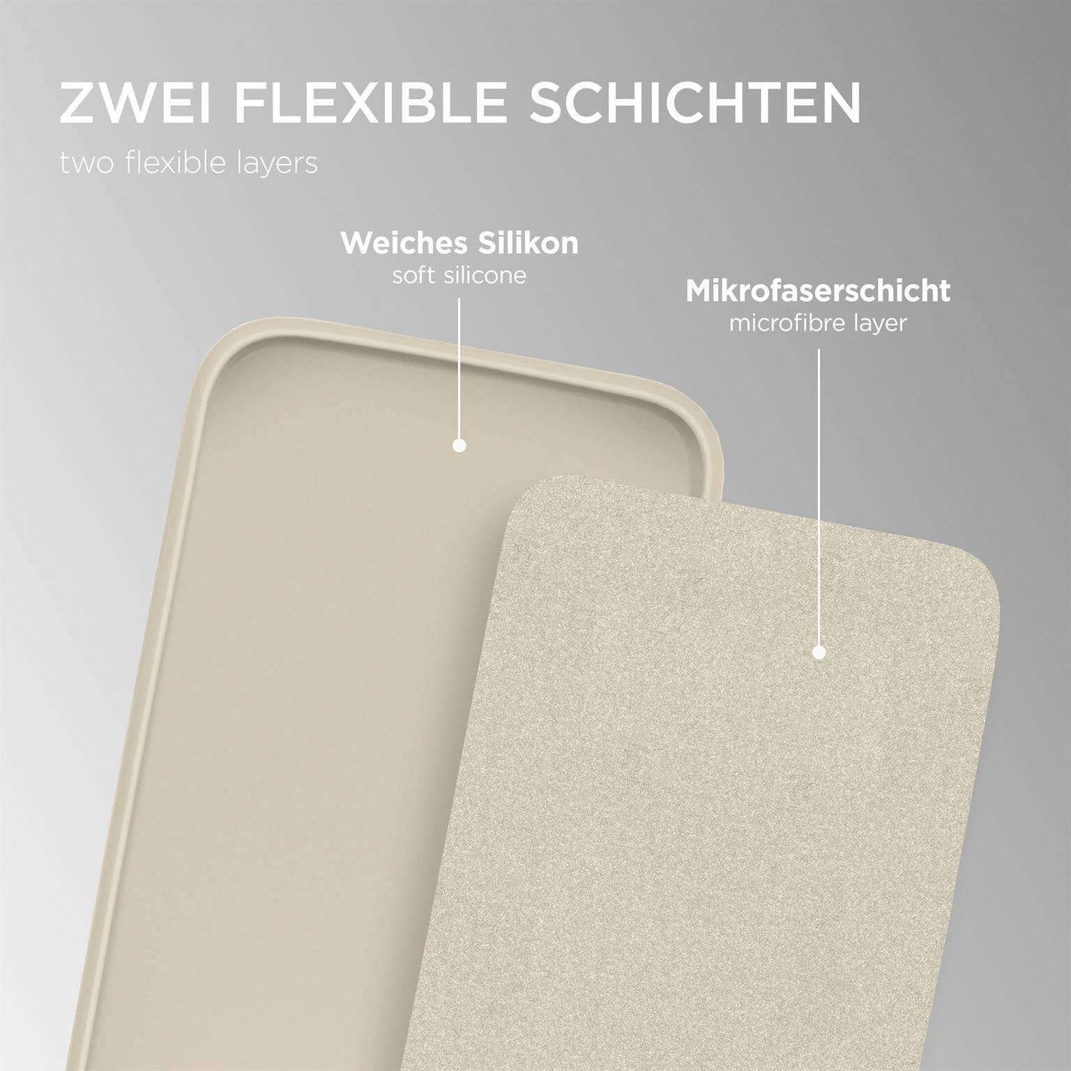 Zwei Schichten einer Handyhülle, weiches Silikon und eine Mikrofaser-Schicht.