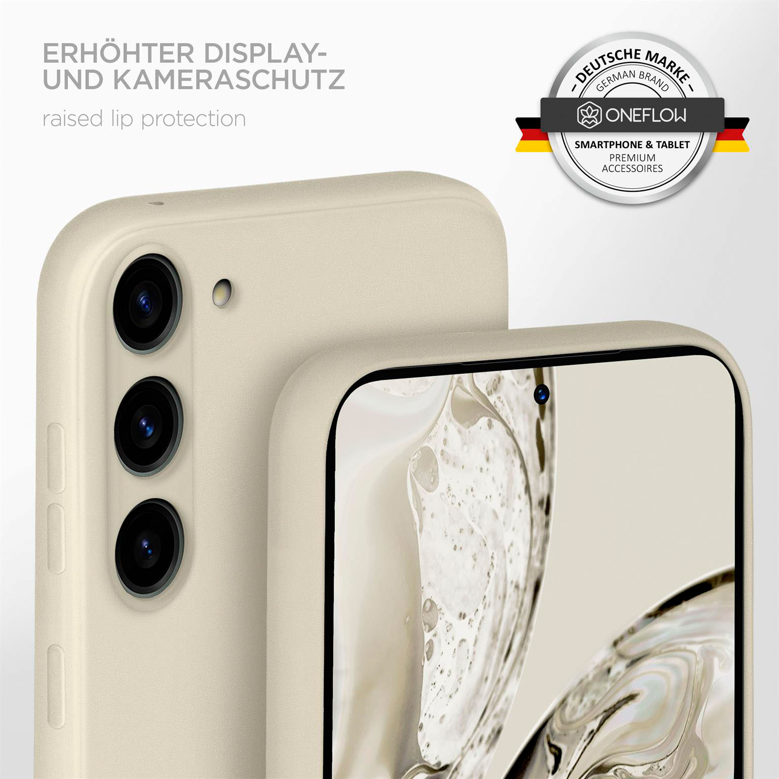 Ein Telefon in einer cremefarbenen Hülle mit erhöhter Lippe. Die Hülle hat drei Kameraausschnitte und bietet Kameraschutz.