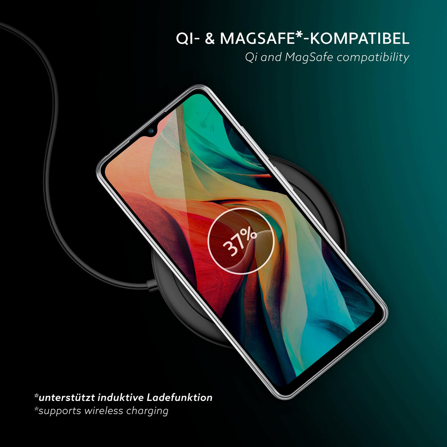 Telefon auf kabellosem Ladegerät, 37 % Ladung, schwarzes Pad. Grüner und teal Hintergrund.