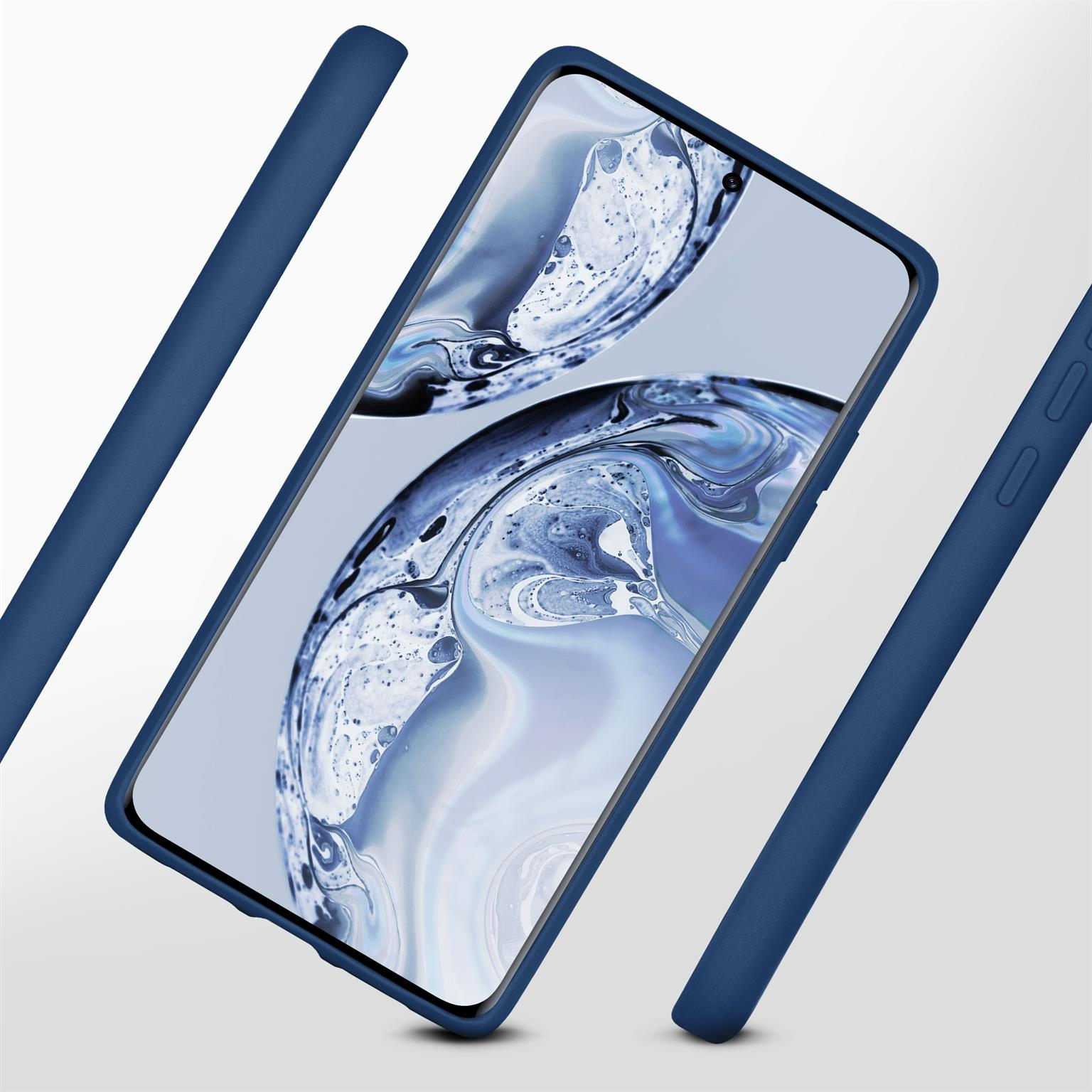 Blaue Handyhülle mit Telefon, schwebend, weißer Hintergrund.
