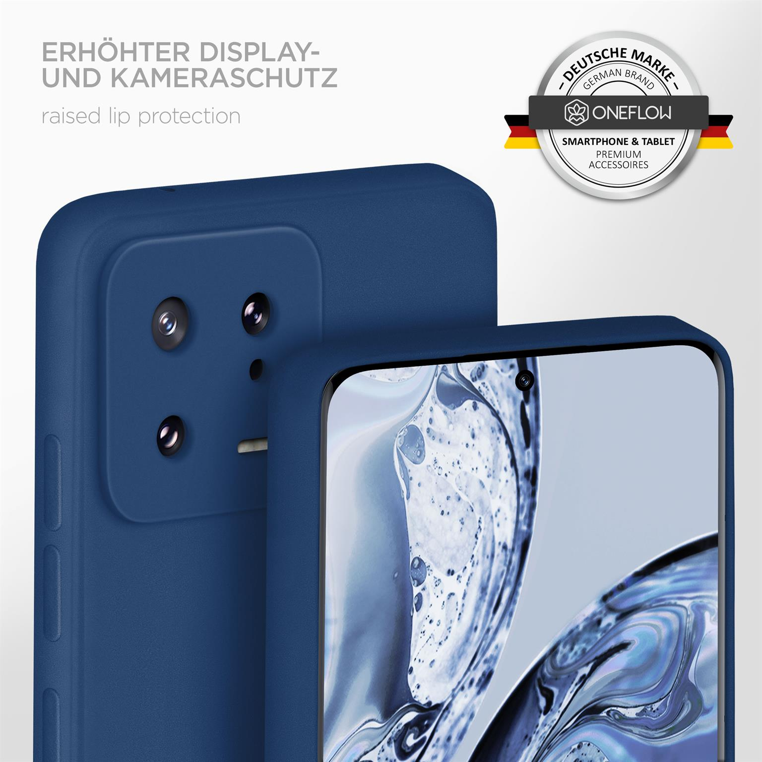 Blaue Handyhülle mit erhöhtem Kameraschutz, deutsches Markenlogo.