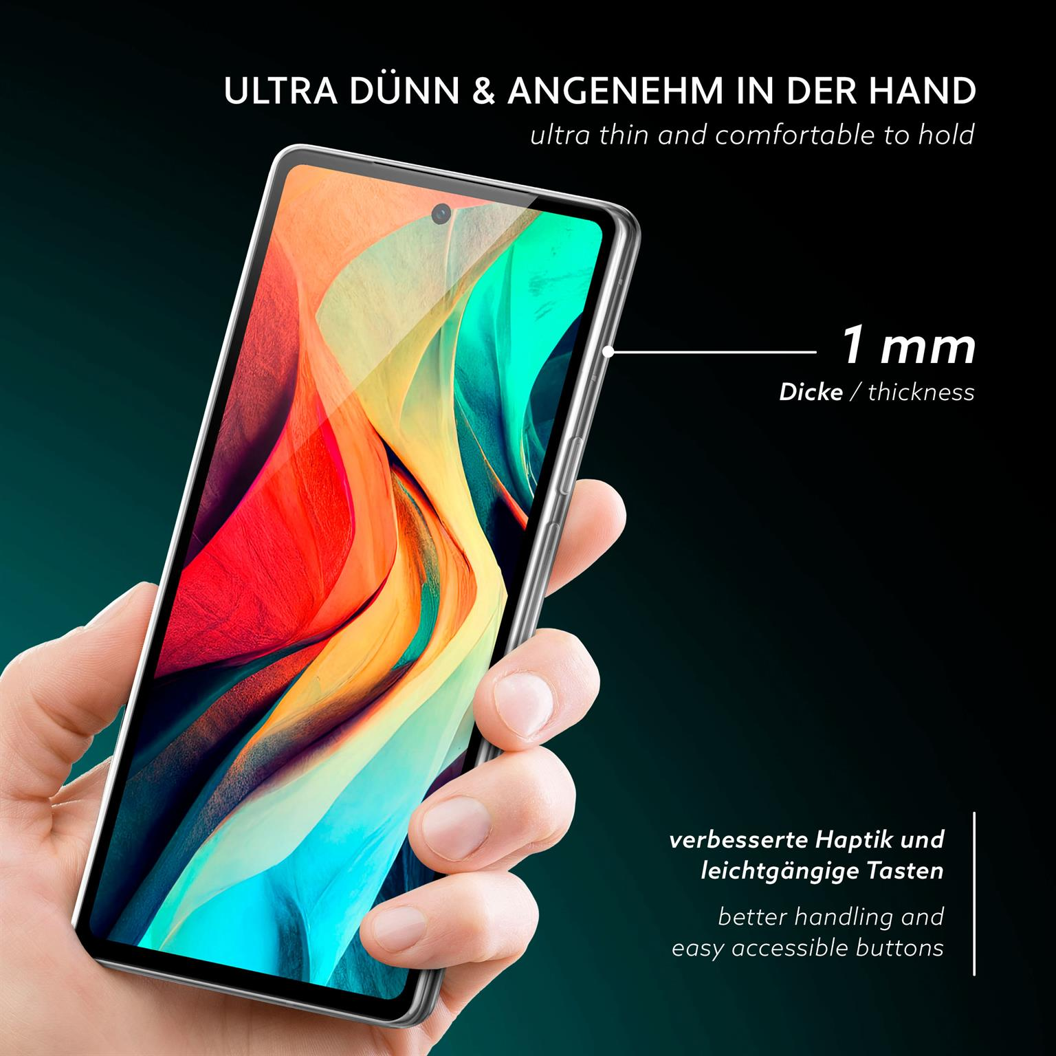 Hand, die ein Telefon mit Displayschutz hält, zeigt die 1 mm Dicke.