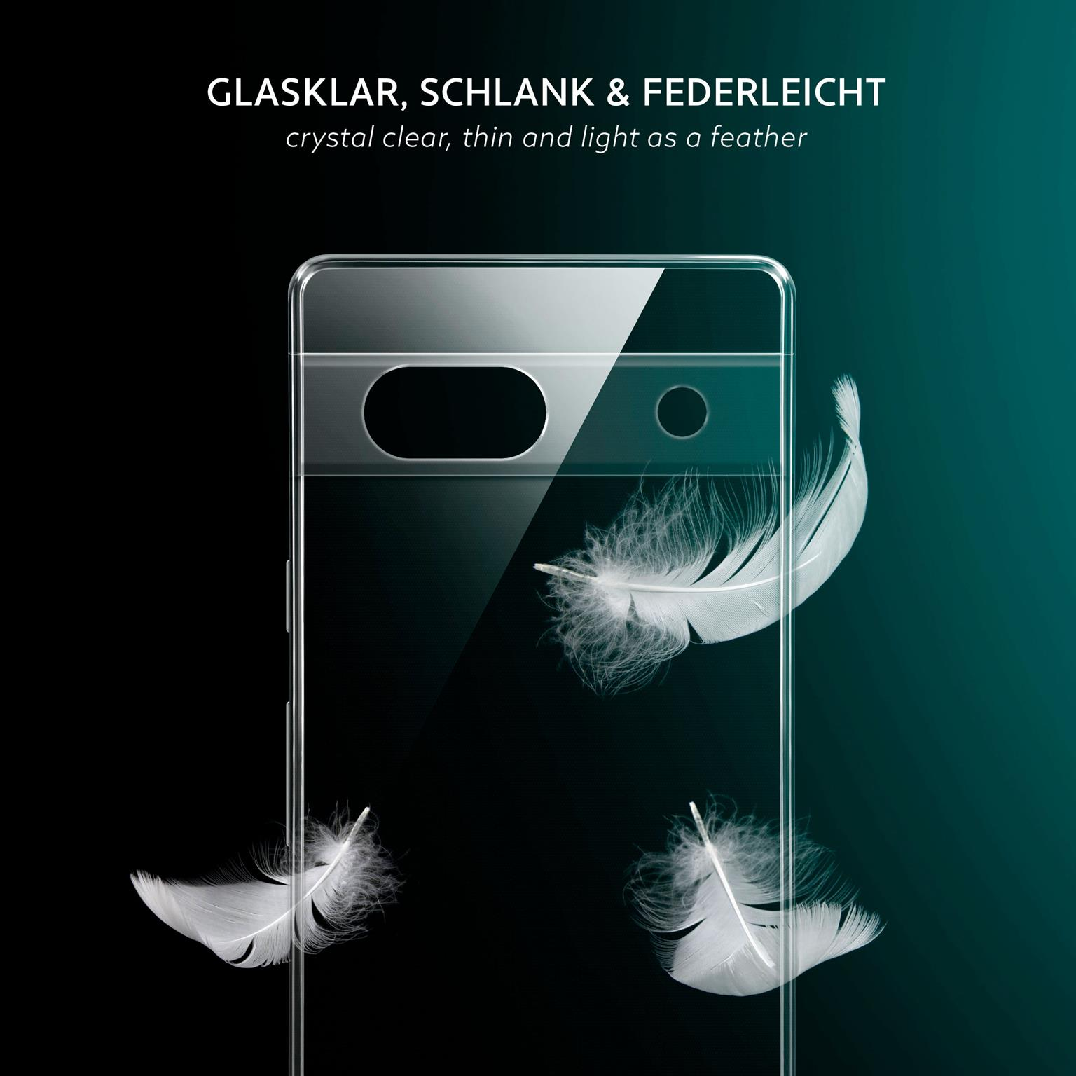 Transparente Handyhülle mit Federn. Text: glasklar, schlank und federleicht. Dunkel-türkisfarbener Hintergrund.