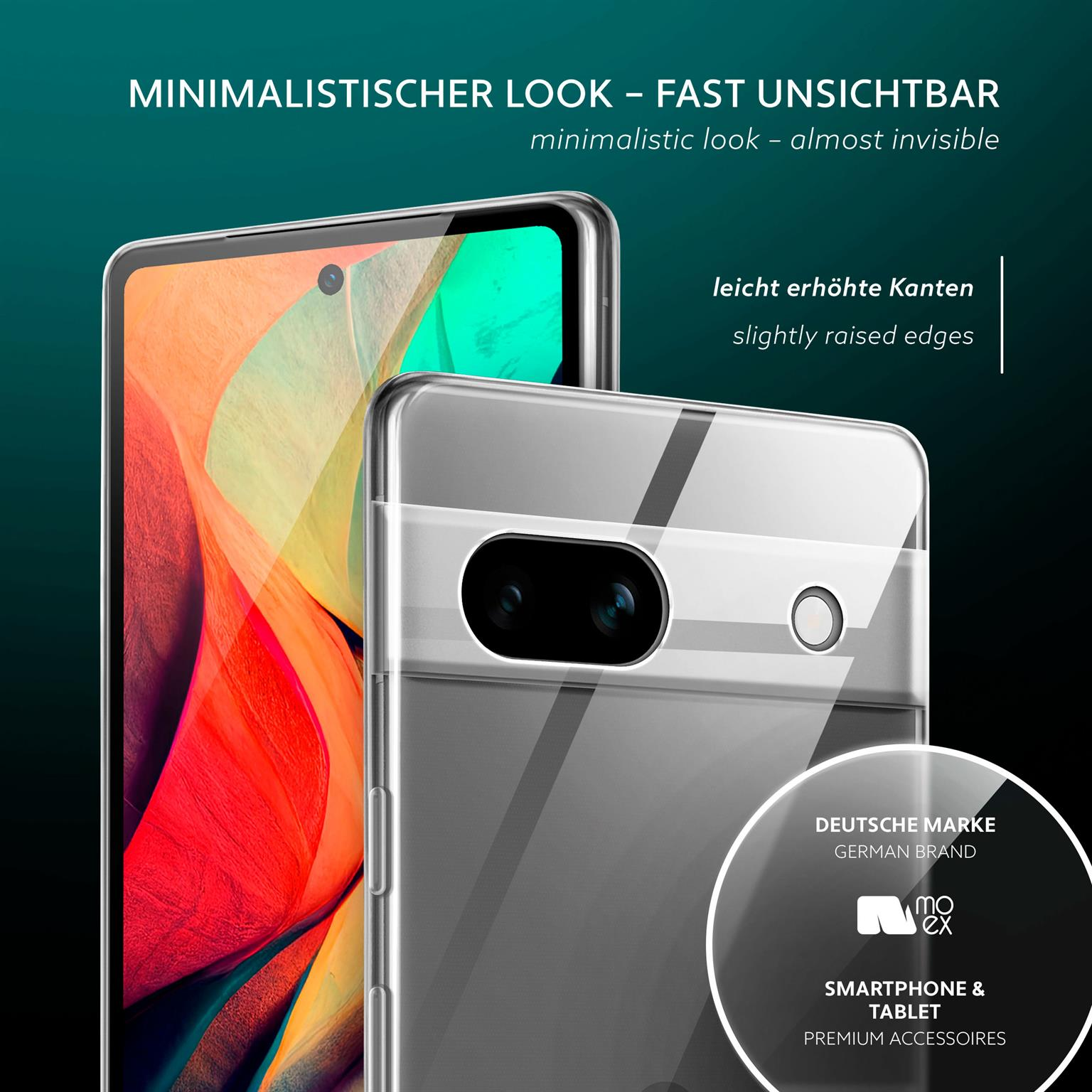 Zwei Handyhüllen, eine oben. Text zeigt 'Minimalistischer Look - fast unsichtbar'.