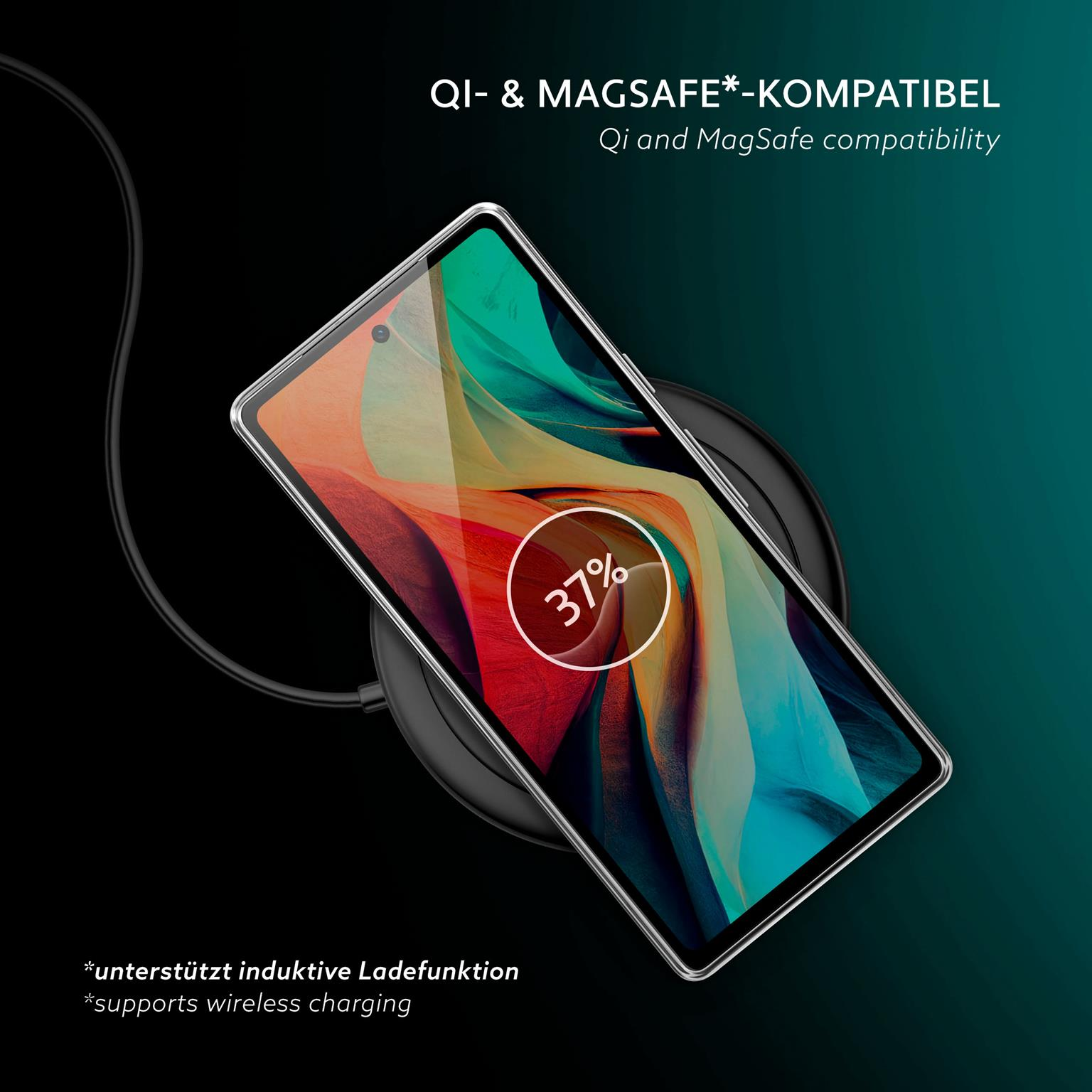Ein Telefon auf einem kabellosen Ladegerät, das den Ladeprozentsatz anzeigt. Text: Qi- und MagSafe-kompatibel.