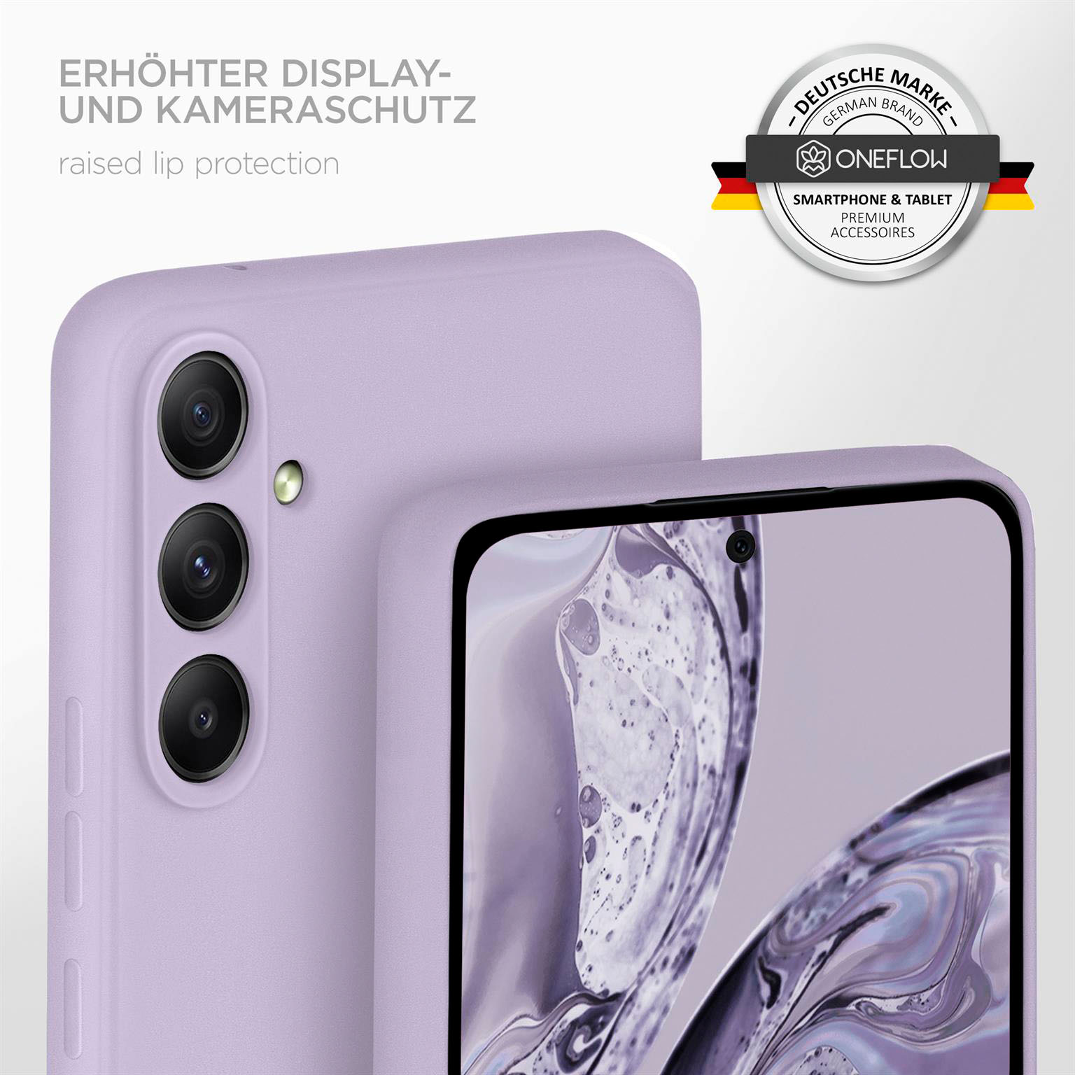 Eine lilafarbene Handyhülle umgibt ein Telefon, mit Kamera und erhöhtem Lippenschutz.